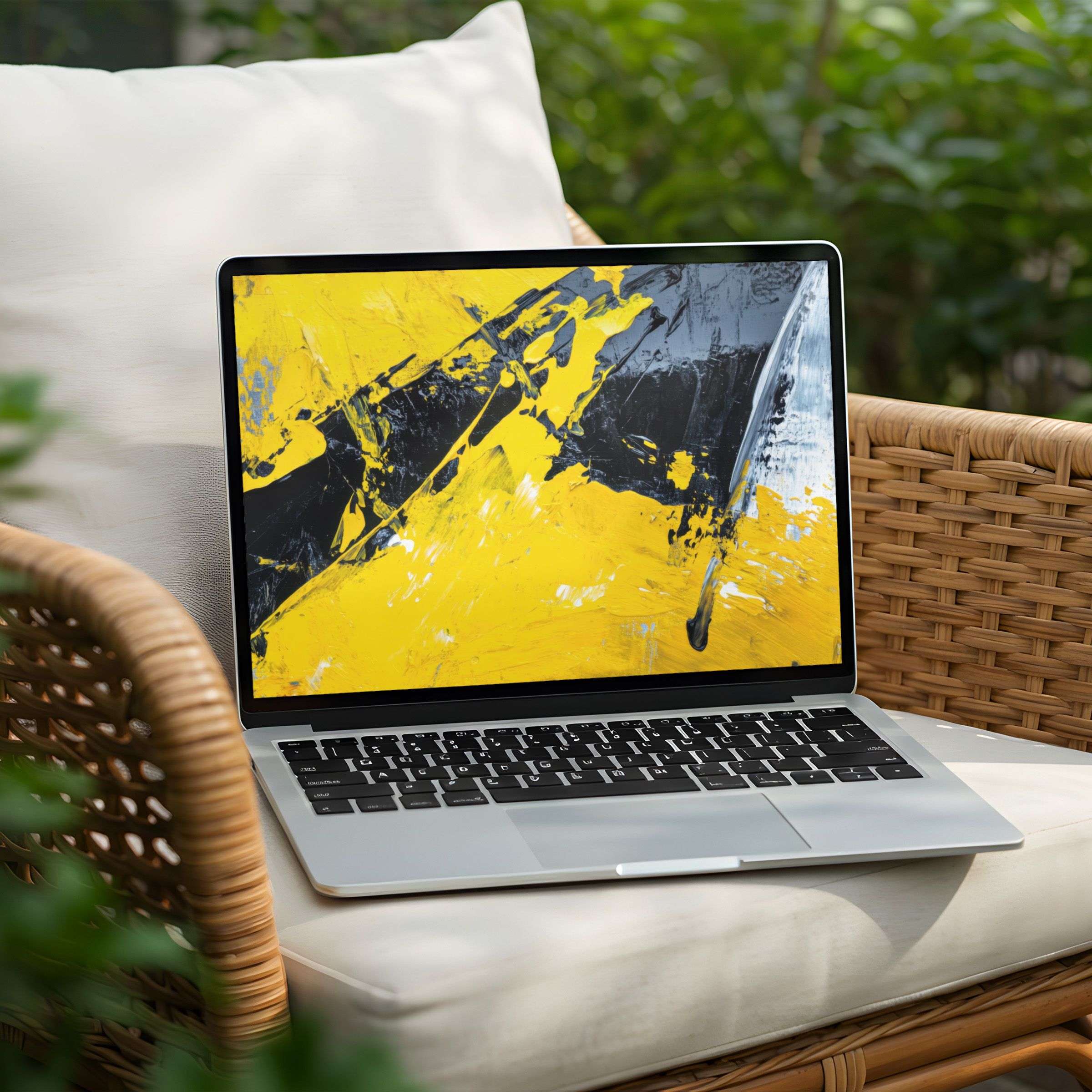 Elegant abstract yellow and black brushstrokes as a desktop background for PC and Laptop, instant download for calm inspiration