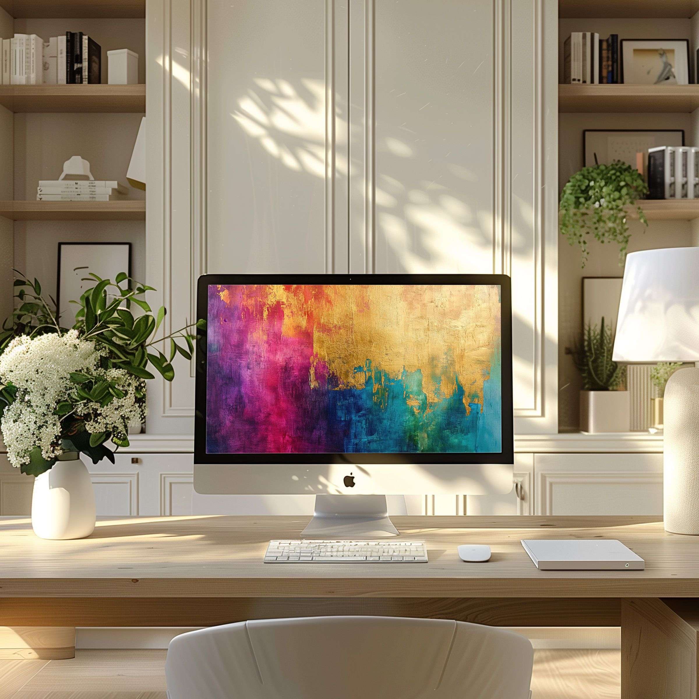 Elegant abstract art with vibrant hues creates a calming PC and laptop wallpaper for a modern home office ambiance
