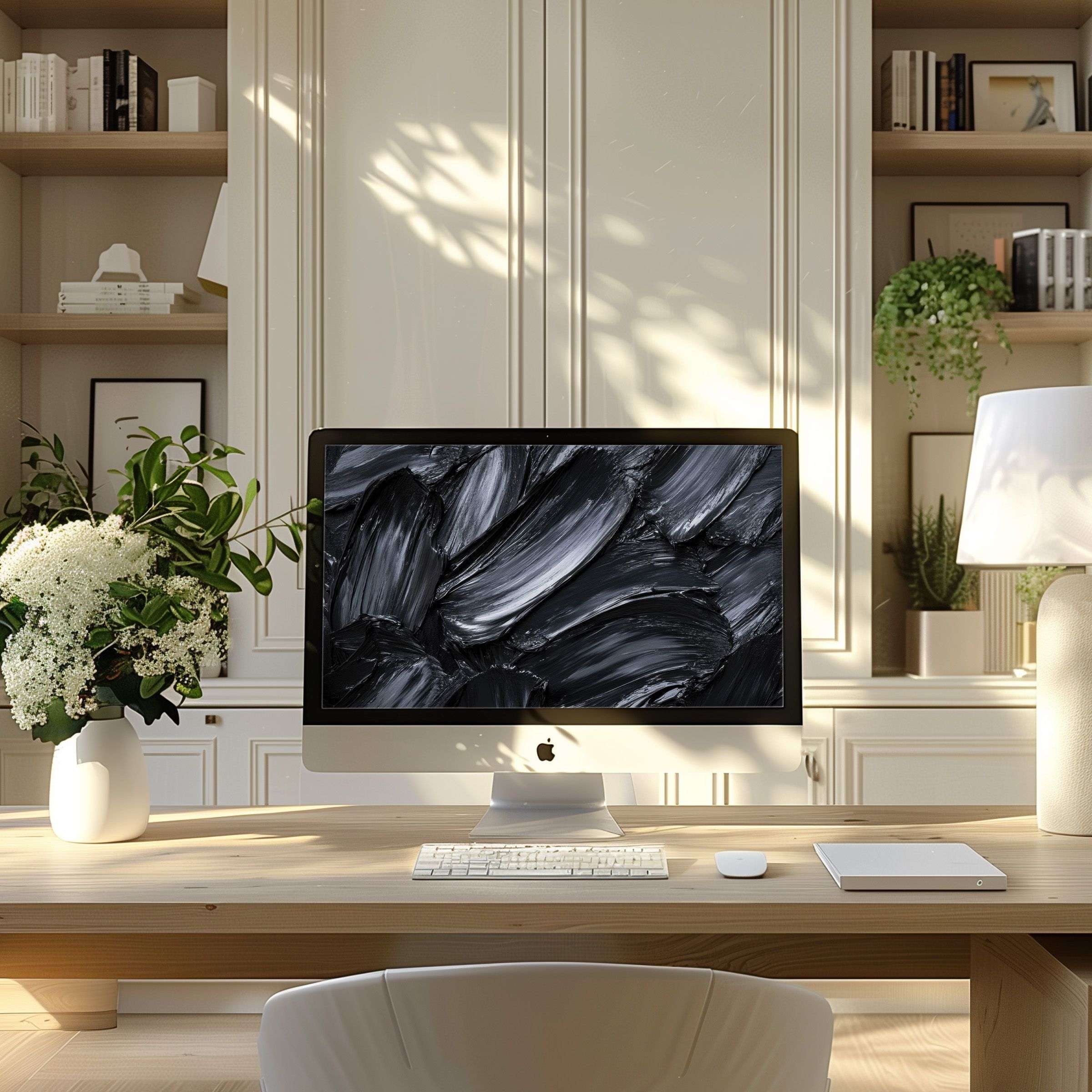 Elegant abstract black brushstroke wallpaper for computer, PC, or laptop in contemporary office setting inspires calm and creativity