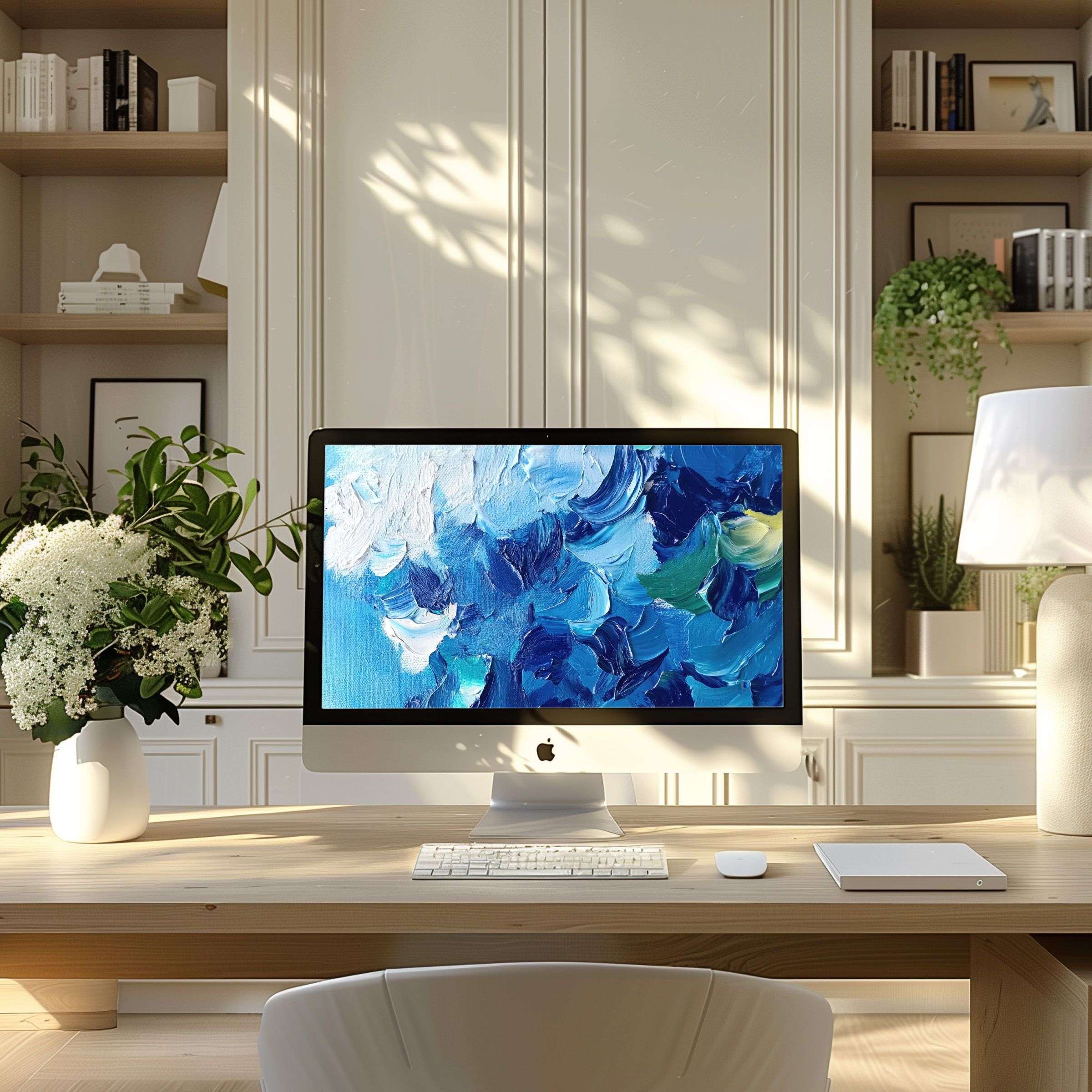 Elegant abstract blue and white digital wallpaper for computer adding inspiration to your modern PC or laptop home office setup
