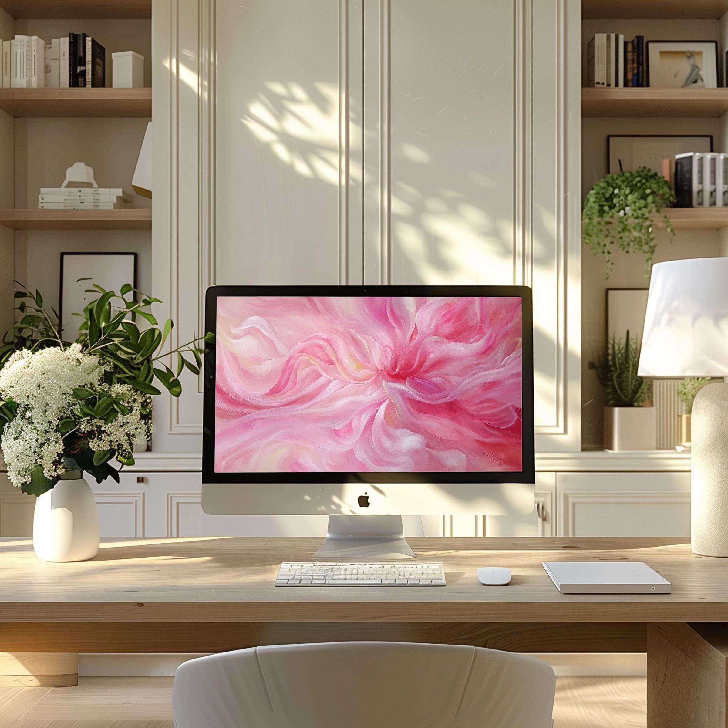 Elegant pink swirl digital art wallpaper for computer in a serene modern home office setup, perfect for PC or laptop use