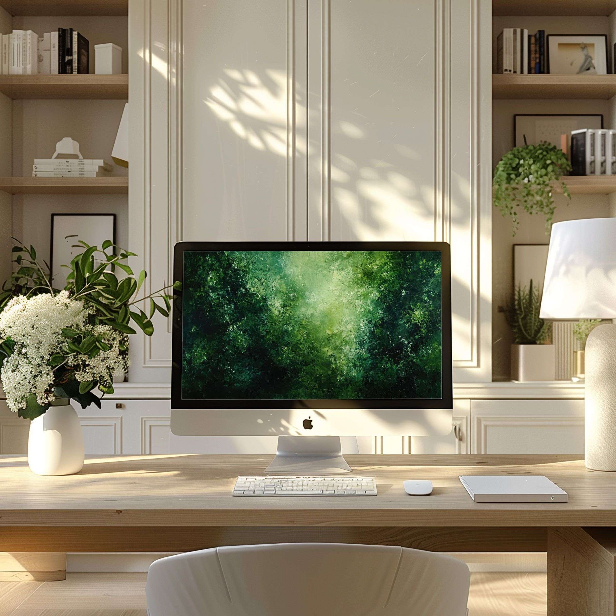 Elegant green abstract wallpaper for computer inspires calm in a modern home office setting, fitting PC, Laptop, ultrawide screens