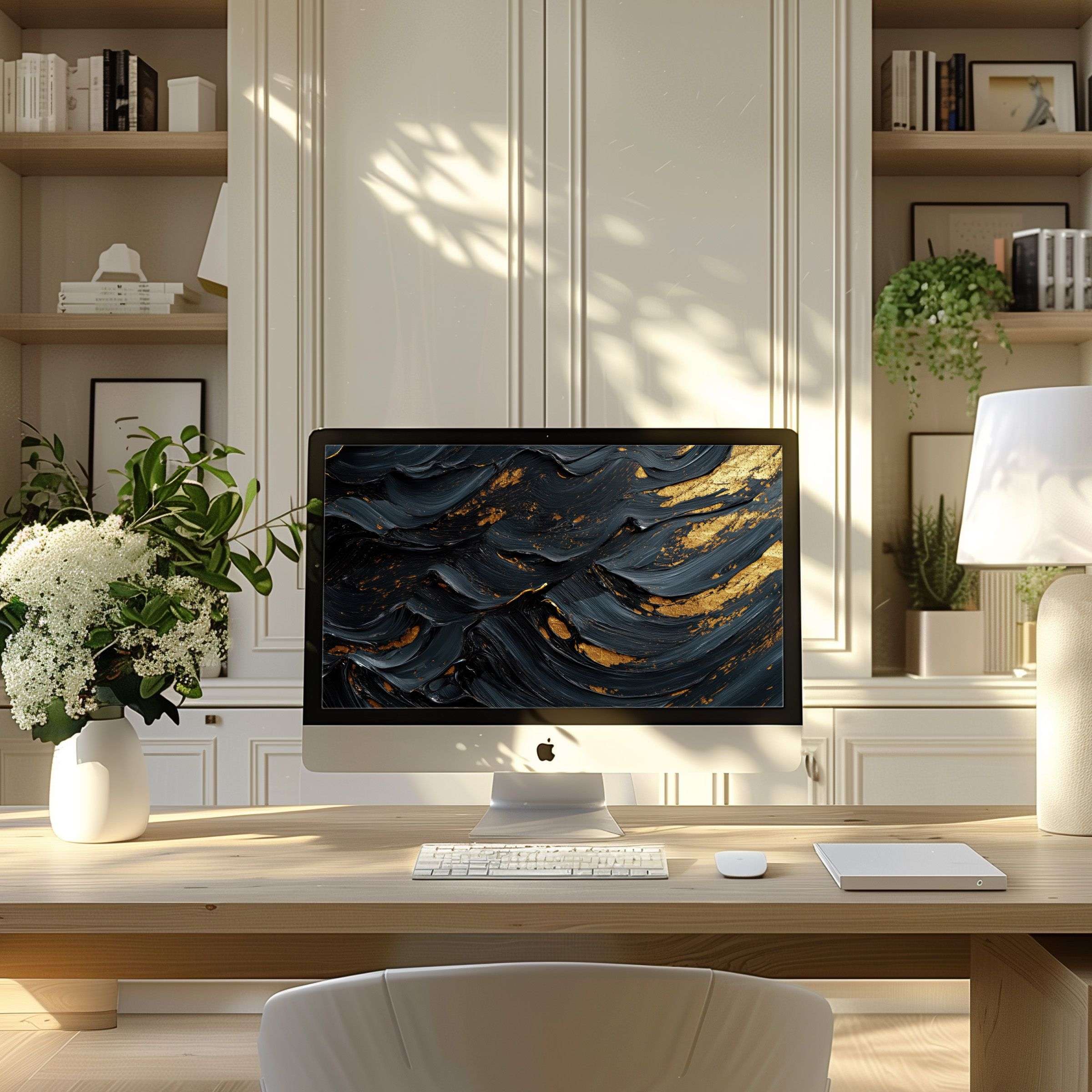 Elegant abstract art wallpaper for computer inspires calm in modern home office decor fitting PC, laptop, ultrawide screen
