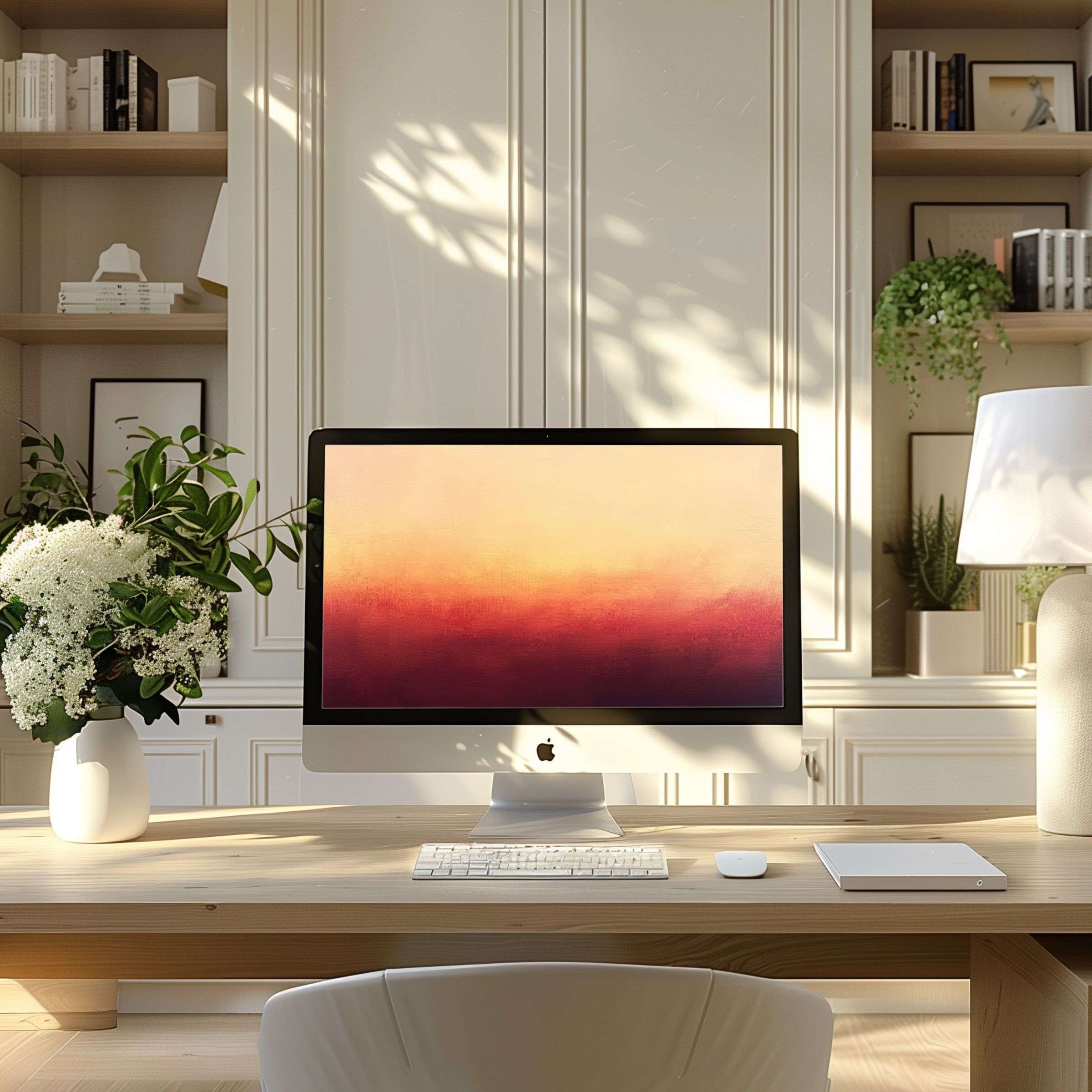 Elegant sunset gradient digital art as wallpaper for computer, PC or laptop in a serene modern home office inspiring calm