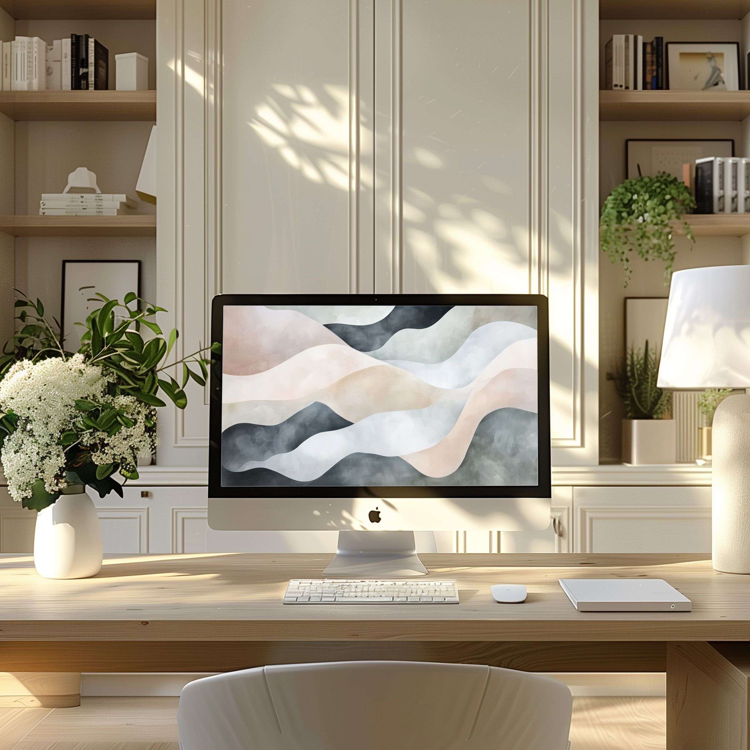 Calming abstract waves in earthy tones create an elegant wallpaper for computer, PC, and laptop inspiring a modern home office ambiance