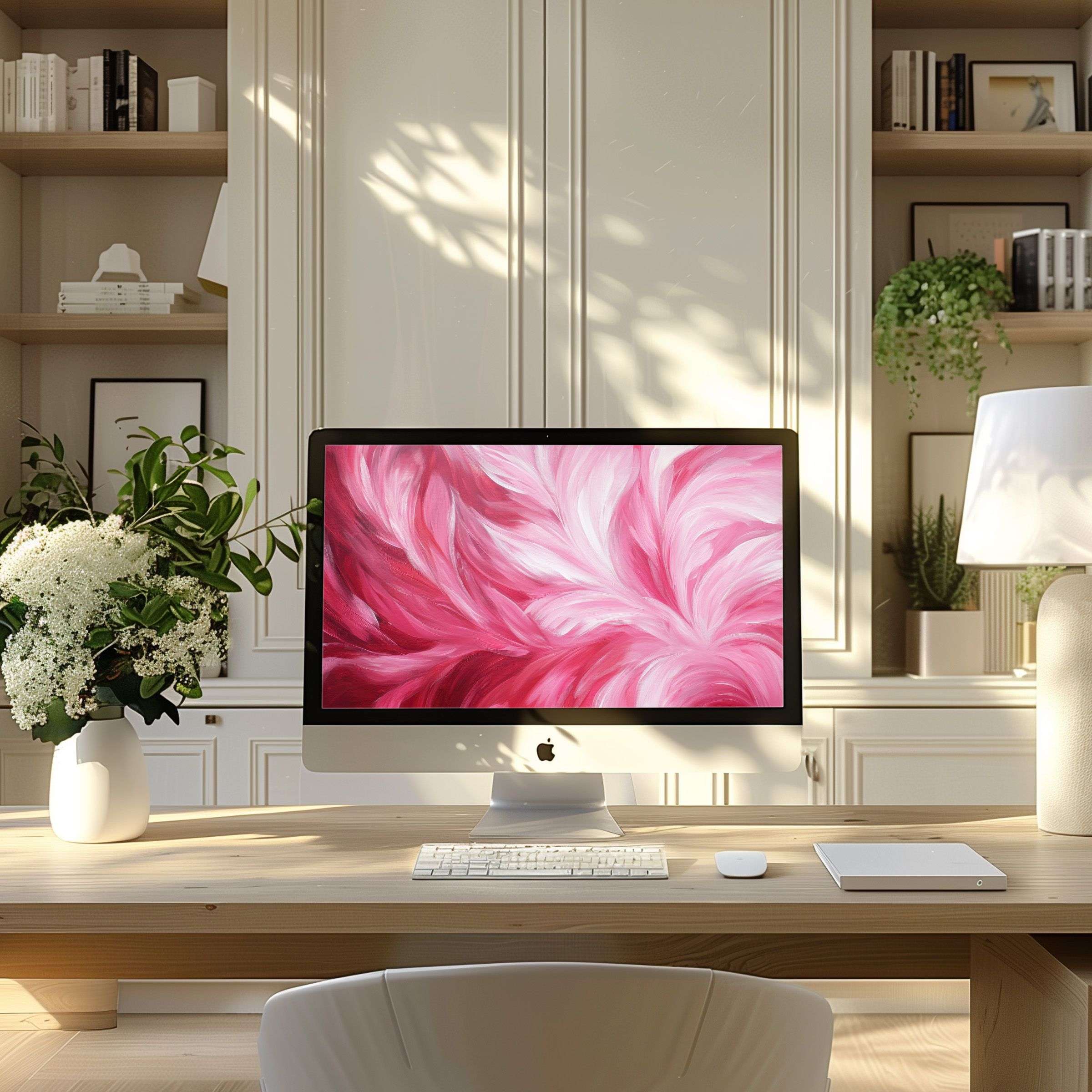 Elegant pink abstract motif wallpaper for computer in modern home office inspires calm, perfect for PC, laptop, digital download