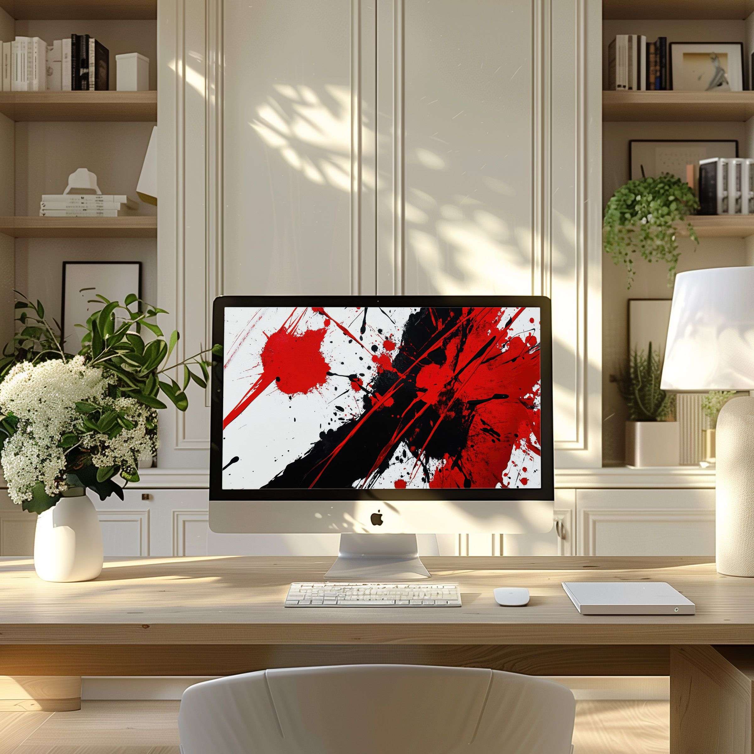 Elegant abstract red and black digital art wallpaper for computer, PC, and laptop in a modern, calm home office setting