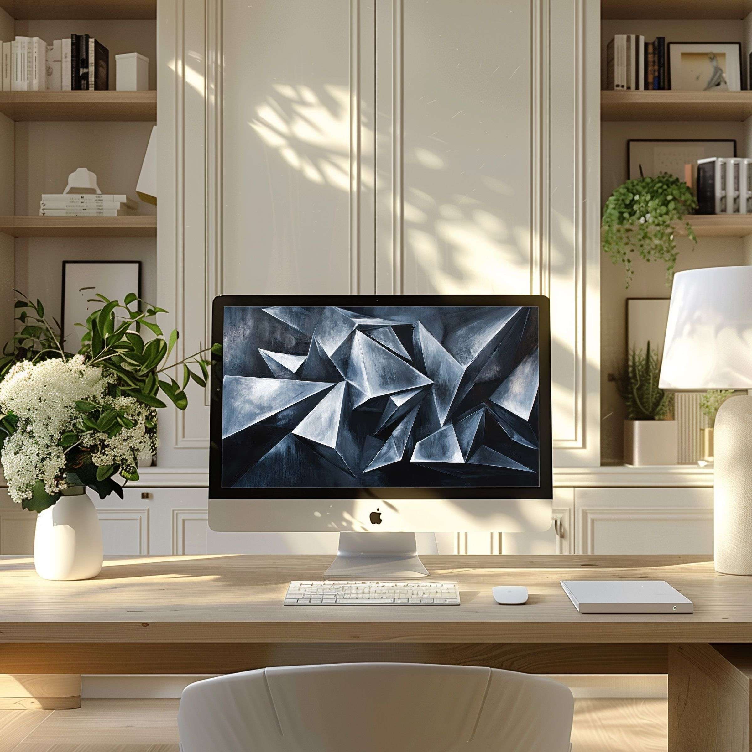 Elegant geometric artwork as wallpaper for computer in a serene modern home office inspires calm on PC and laptop screens