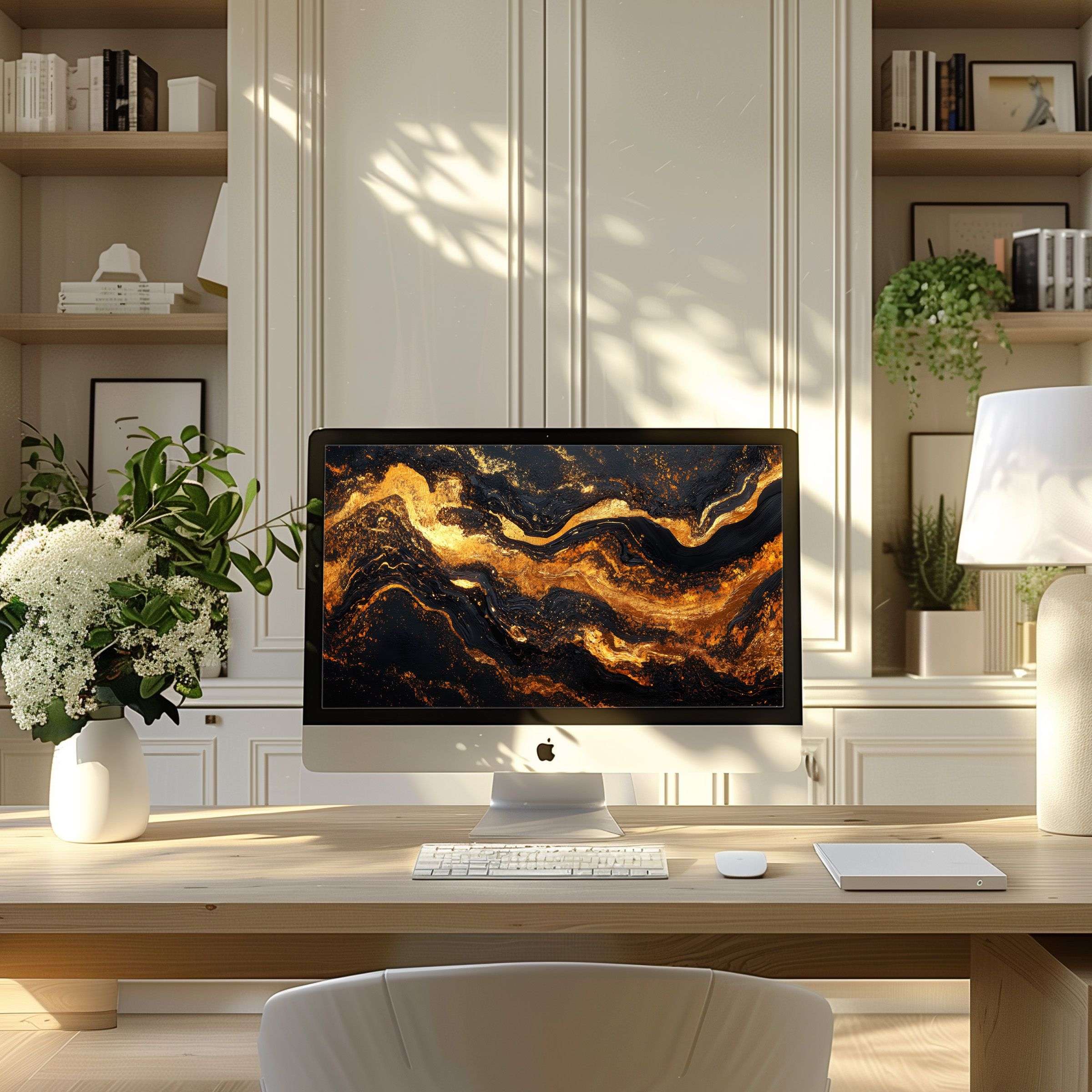 Elegant marbled gold and black wallpaper for computer ideal for PC and Laptop enhancing a modern home office with calm inspiration
