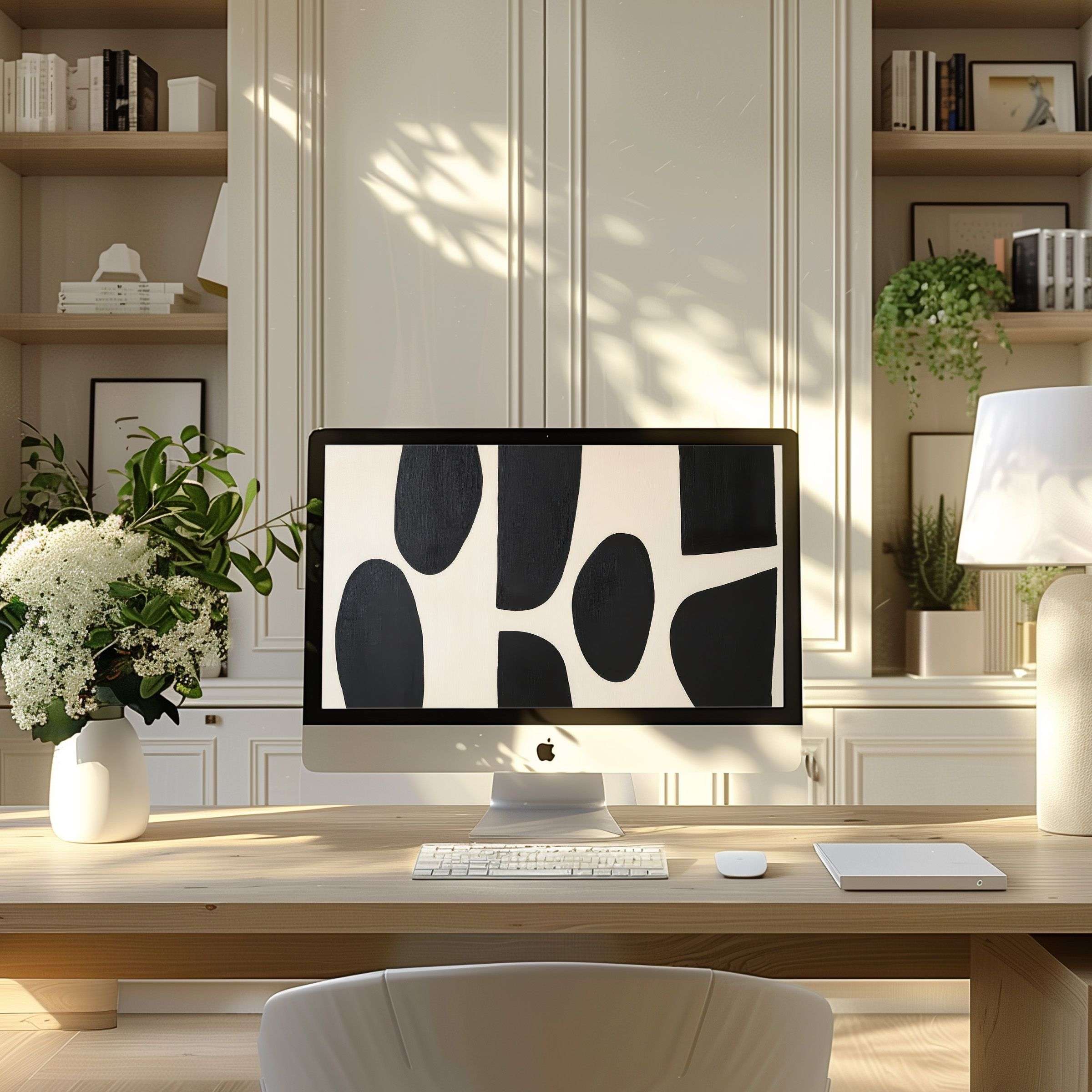 Modern abstract black and white wallpaper for computer inspires calm elegance in a sophisticated home office setting for PC and laptop