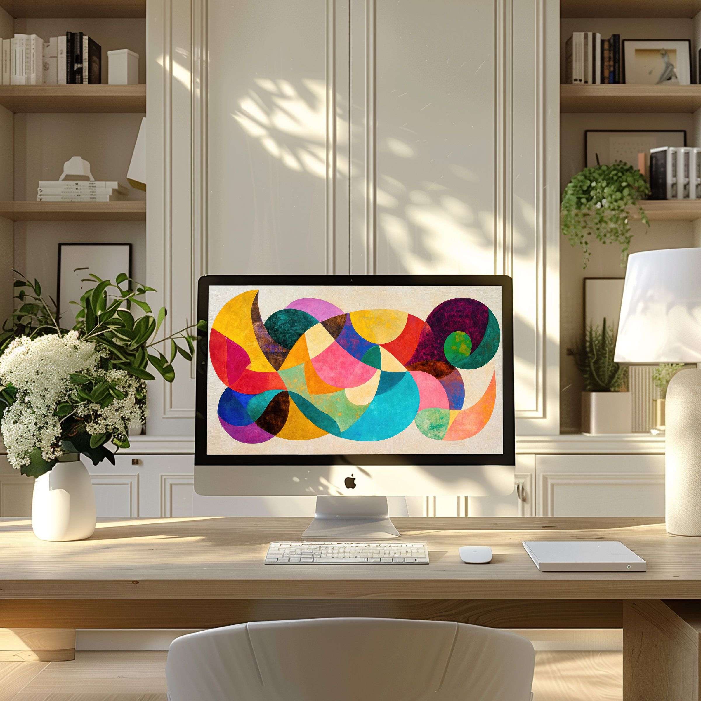 Vibrant abstract art as wallpaper for computer enhances a bright modern home office, suitable for PC or laptop digital download
