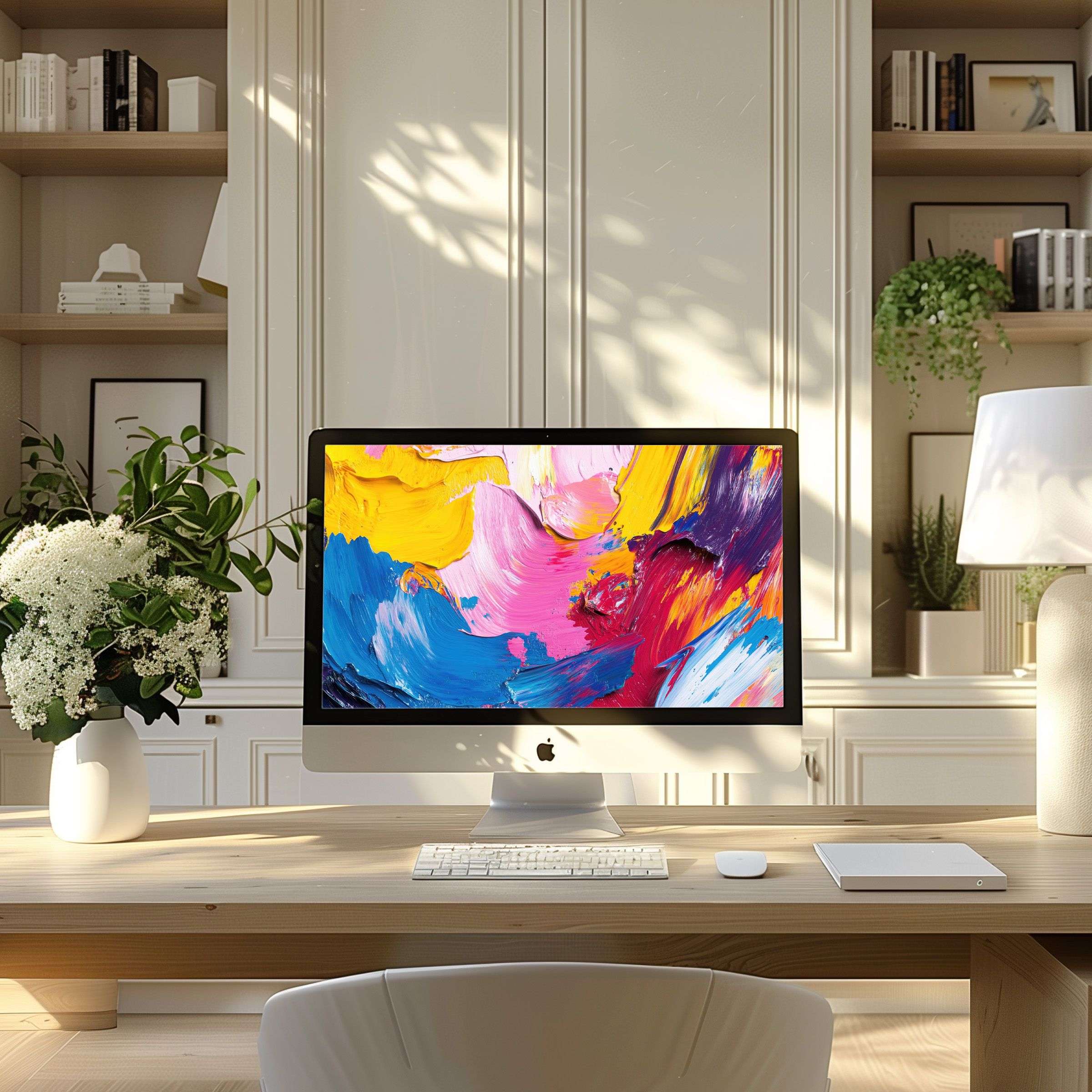 Colorful abstract strokes as wallpaper for computer in an elegant home office setting inspire calm and fit PC and Laptop screens