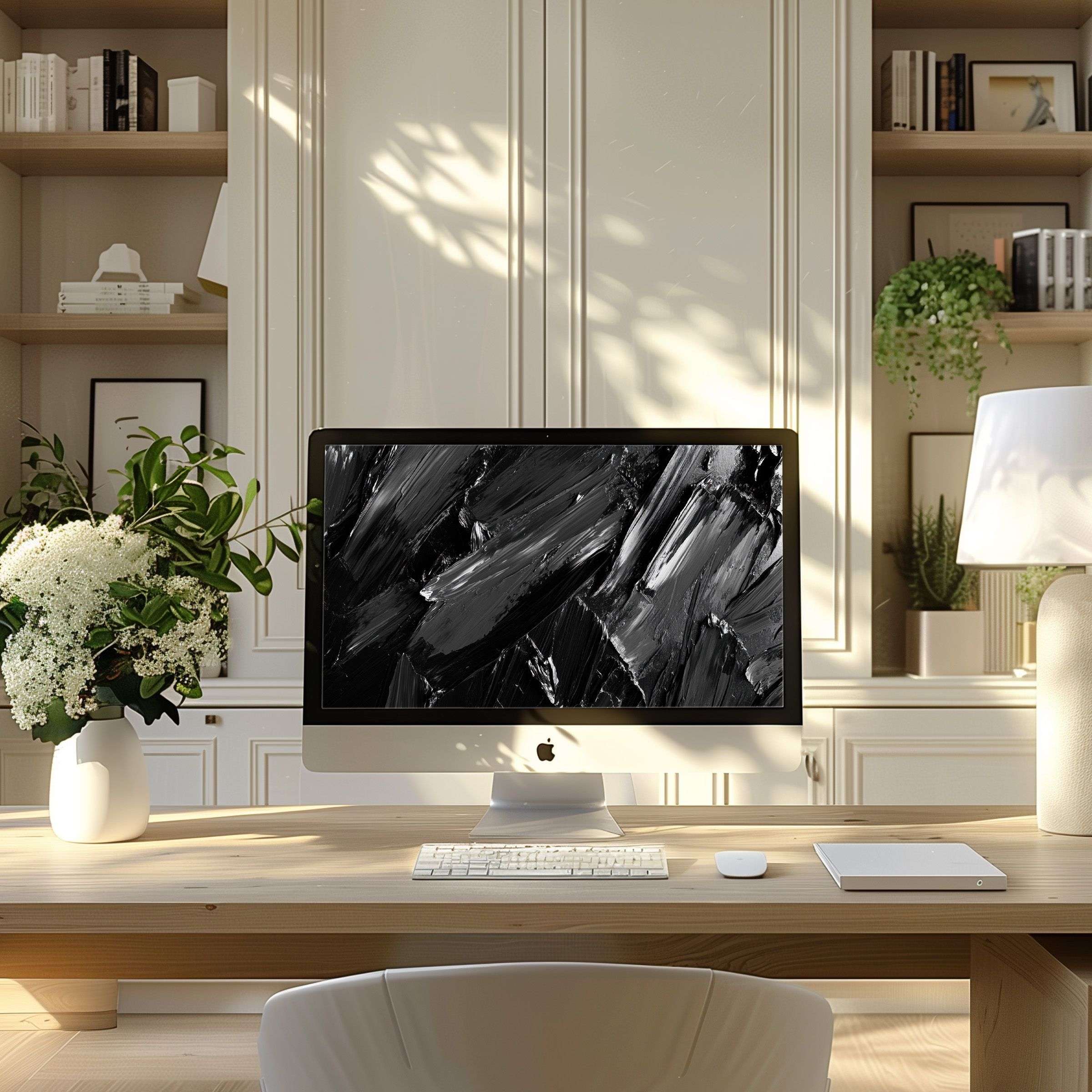 Elegant abstract black brushstroke wallpaper for computer enhances modern home office, perfect for PC or laptop digital download
