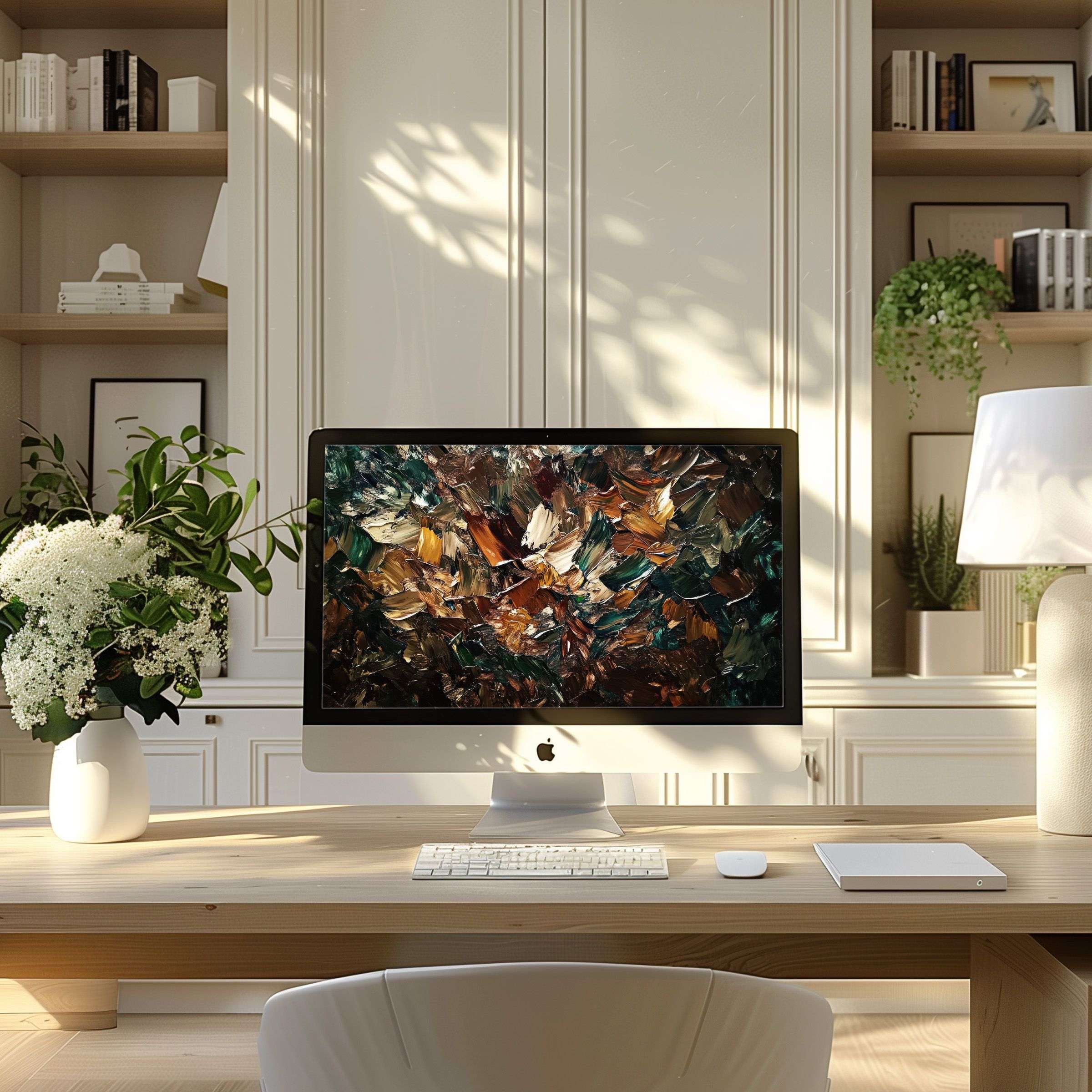 Elegant abstract art in warm earthy tones as wallpaper for computer enhances a serene modern home office setup ideal for PC or Laptop