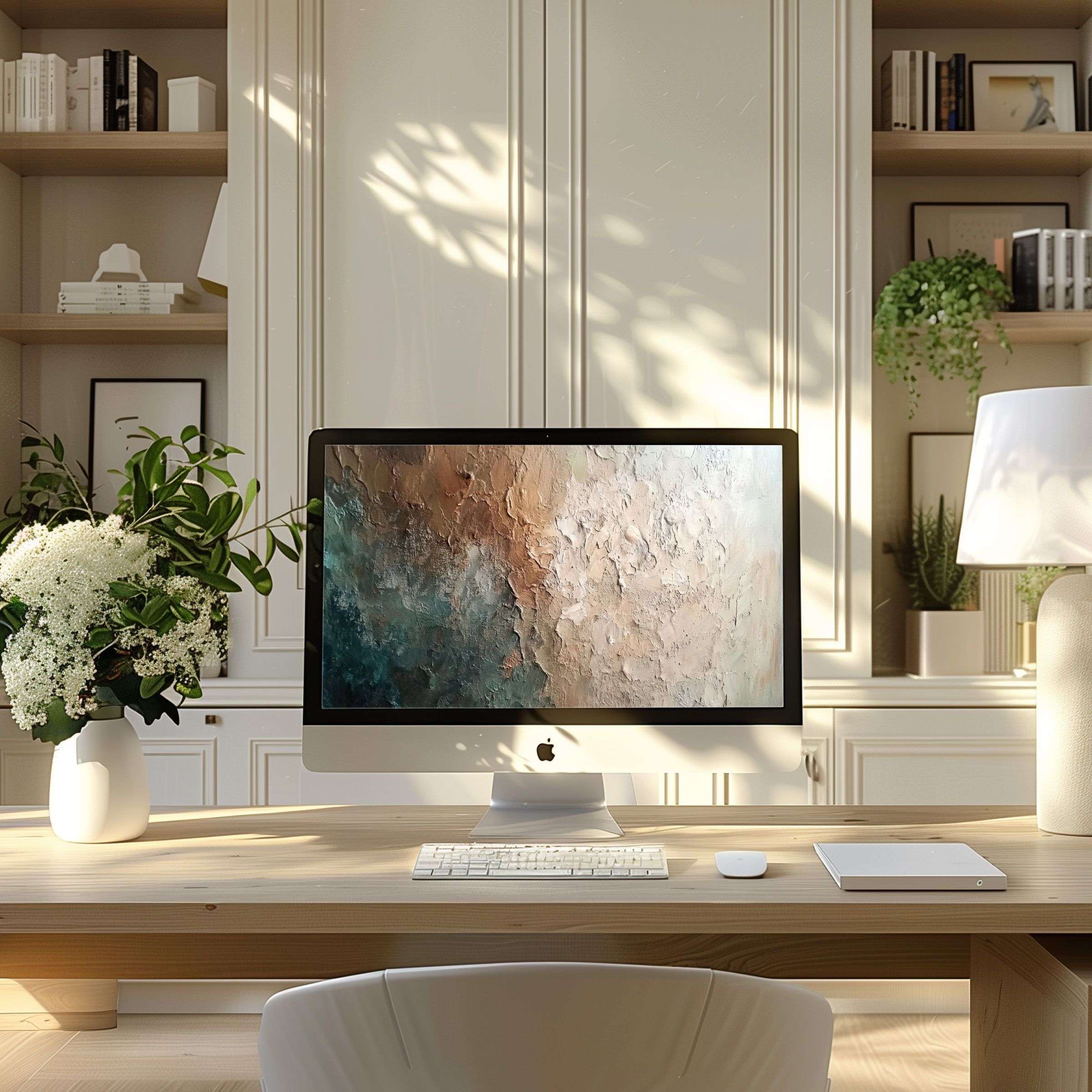 Elegant abstract wallpaper for computer blends soothing earth tones, perfect for PC or laptop, enhancing any modern home office atmosphere