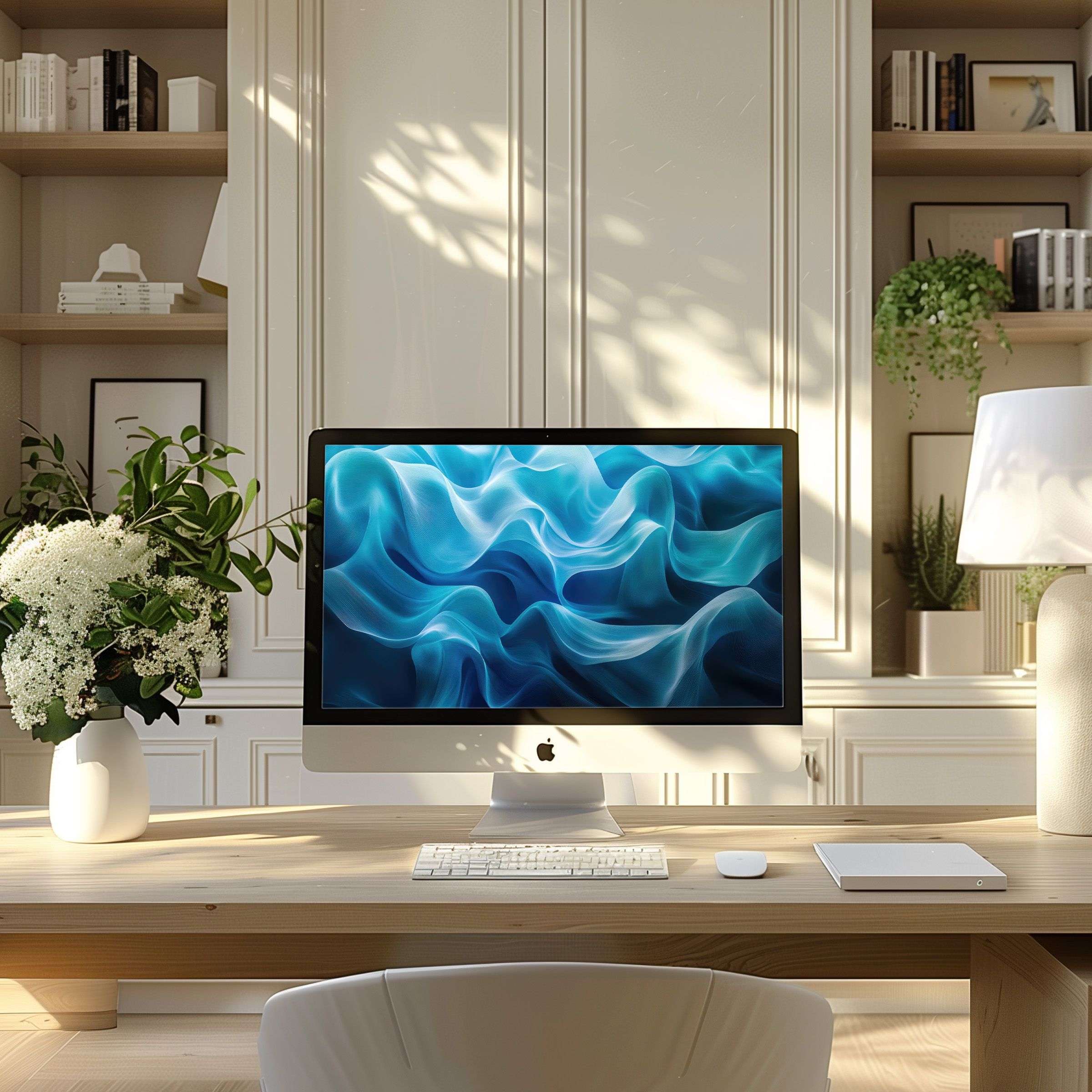 Elegant abstract blue digital art wallpaper for computer adding calm inspiration to modern home office on PC or laptop screens