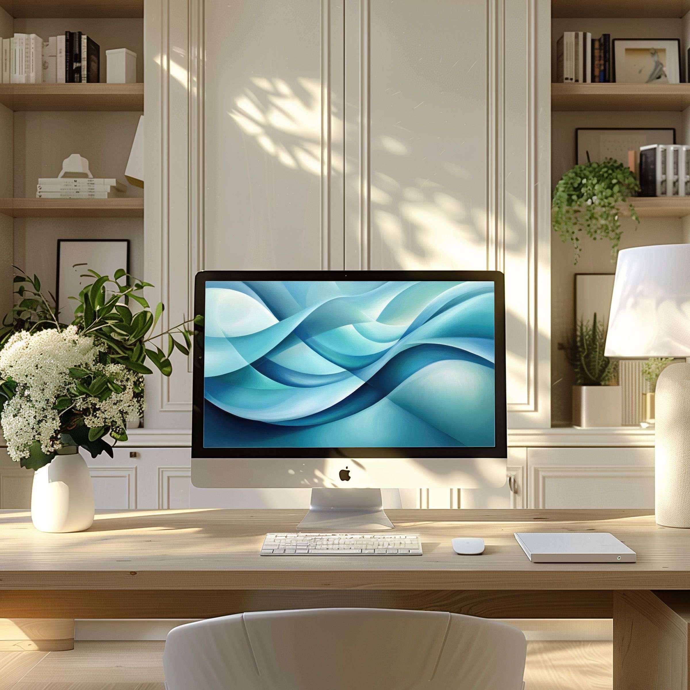 Elegant blue abstract waves wallpaper for computer radiates calm in a modern home office setup, ideal for PC and laptop displays