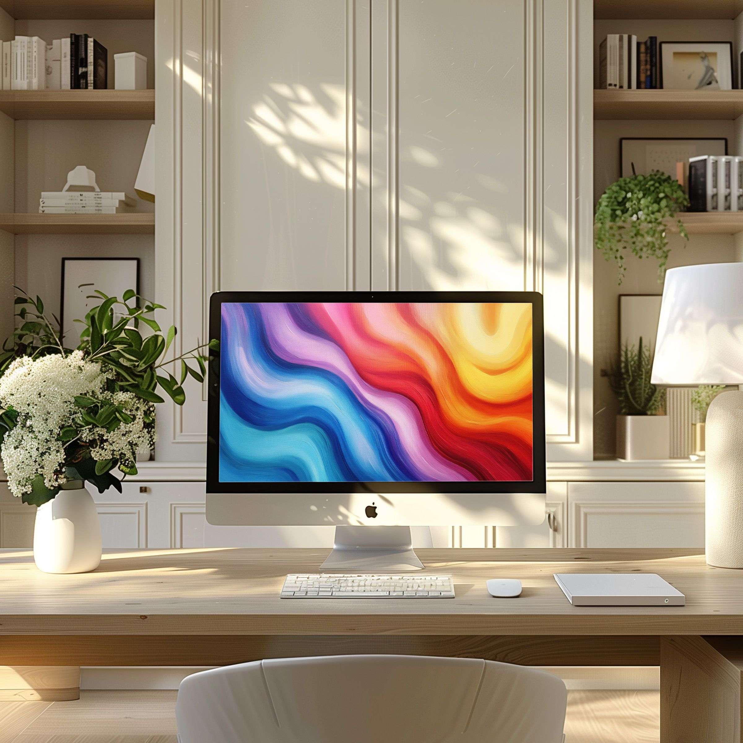 Elegant abstract waves in vibrant hues as wallpaper for computer bring calm inspiration to a modern PC or Laptop office setup