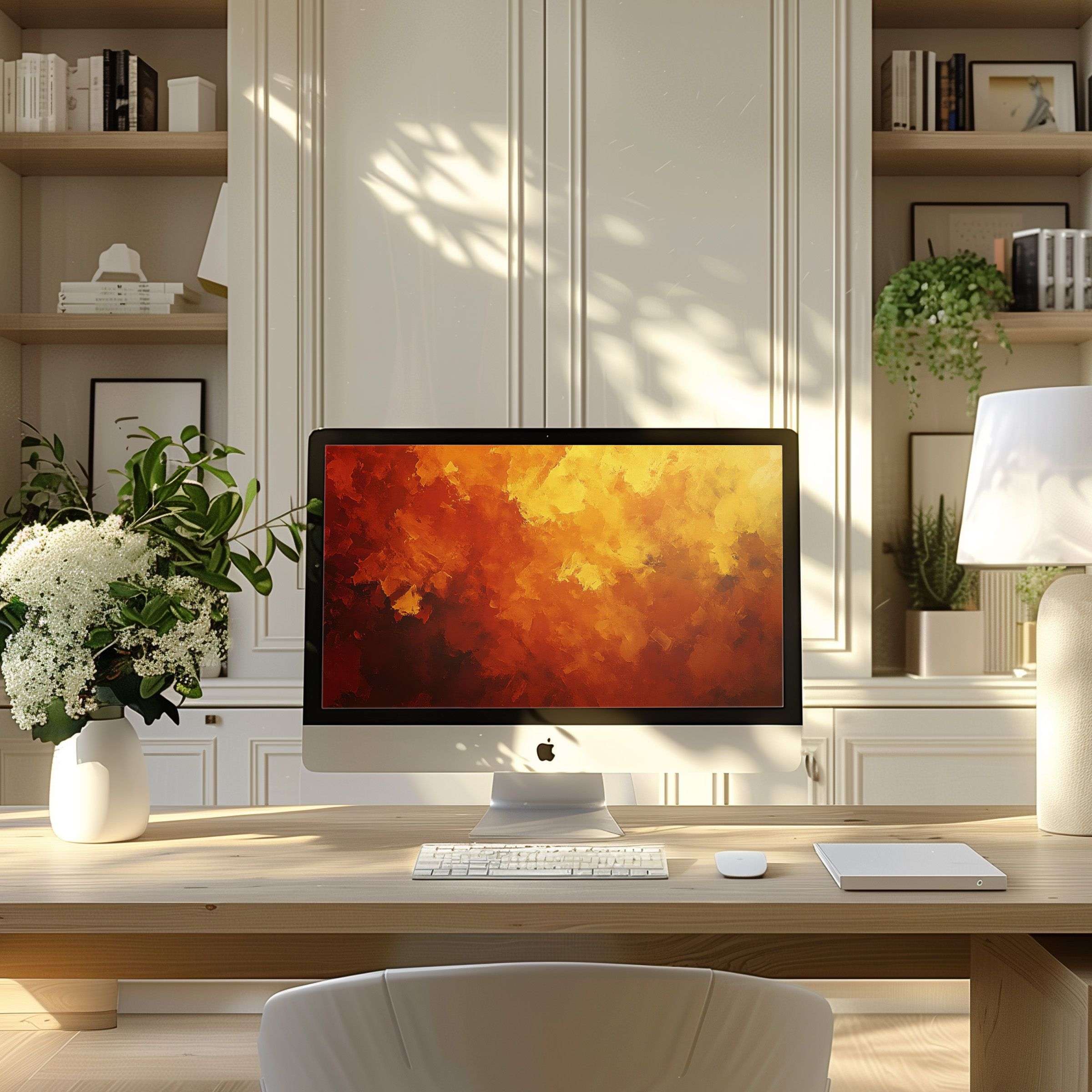 Warm abstract digital art in orange and yellow adds calm and elegance to a modern home office, perfect wallpaper for computer PC laptop