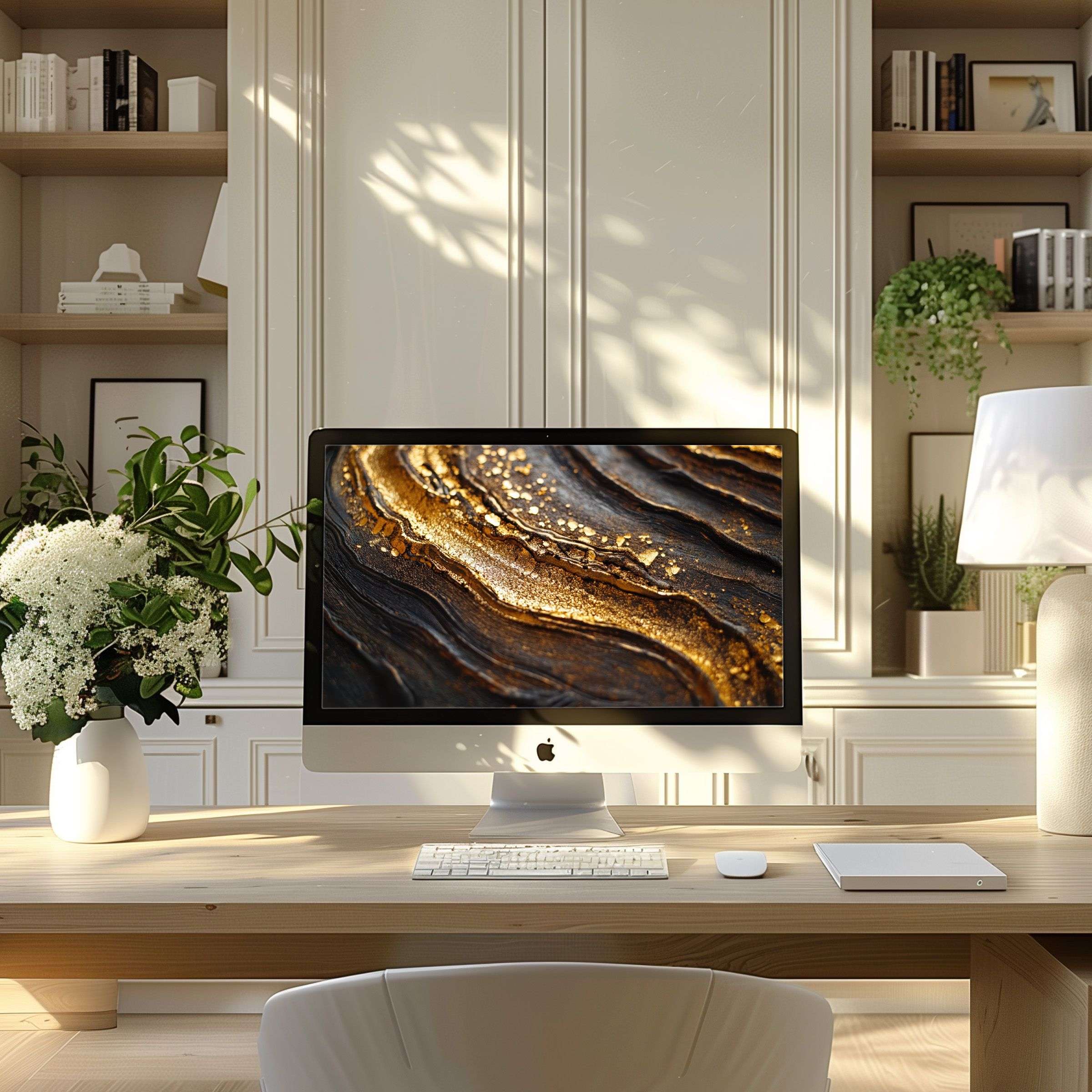 Elegant digital art for a modern home office, perfect wallpaper for computer, PC, or laptop inspiring calm and sophistication