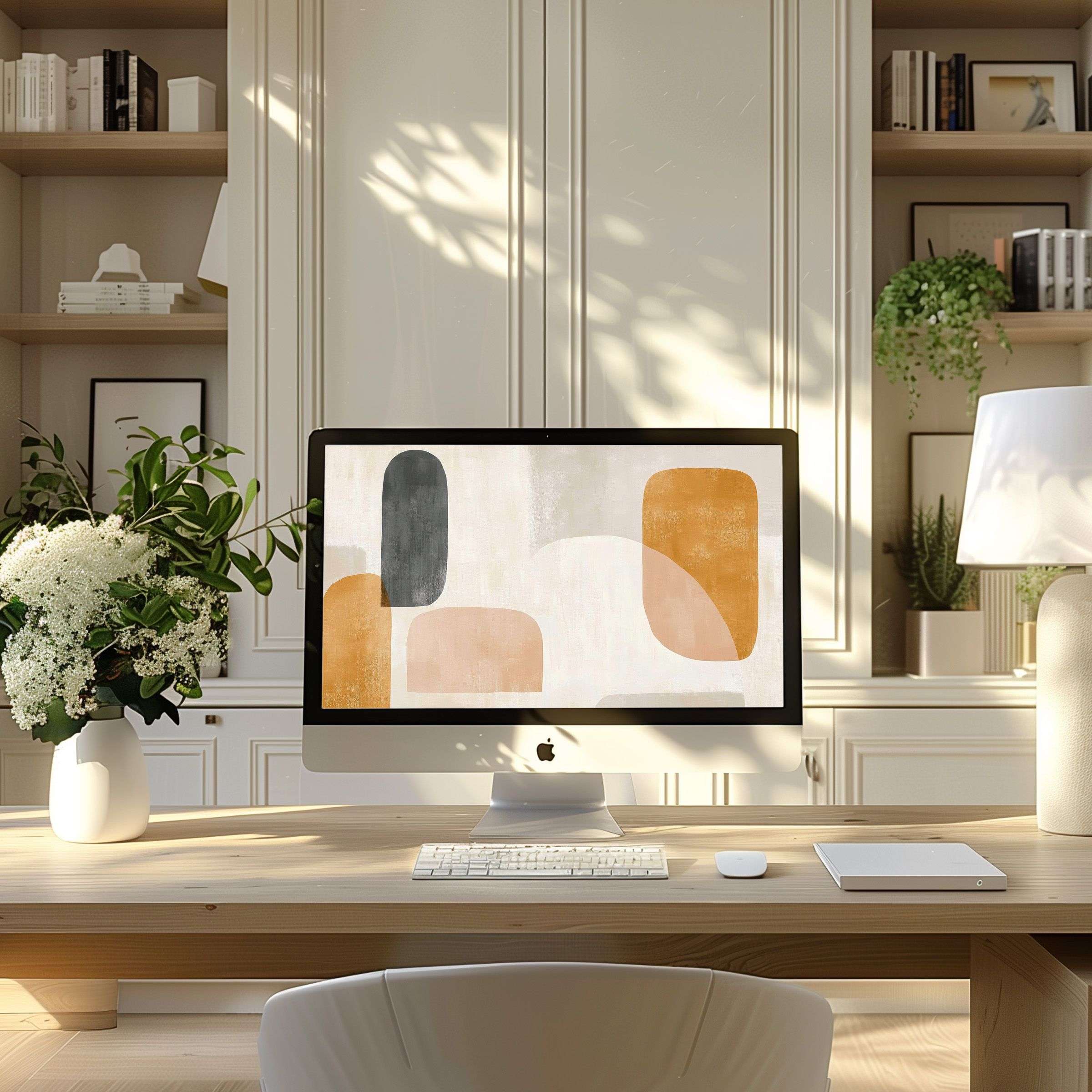 Elegant abstract art with warm tones creates a calming wallpaper for computer and PC in a modern home office for laptops