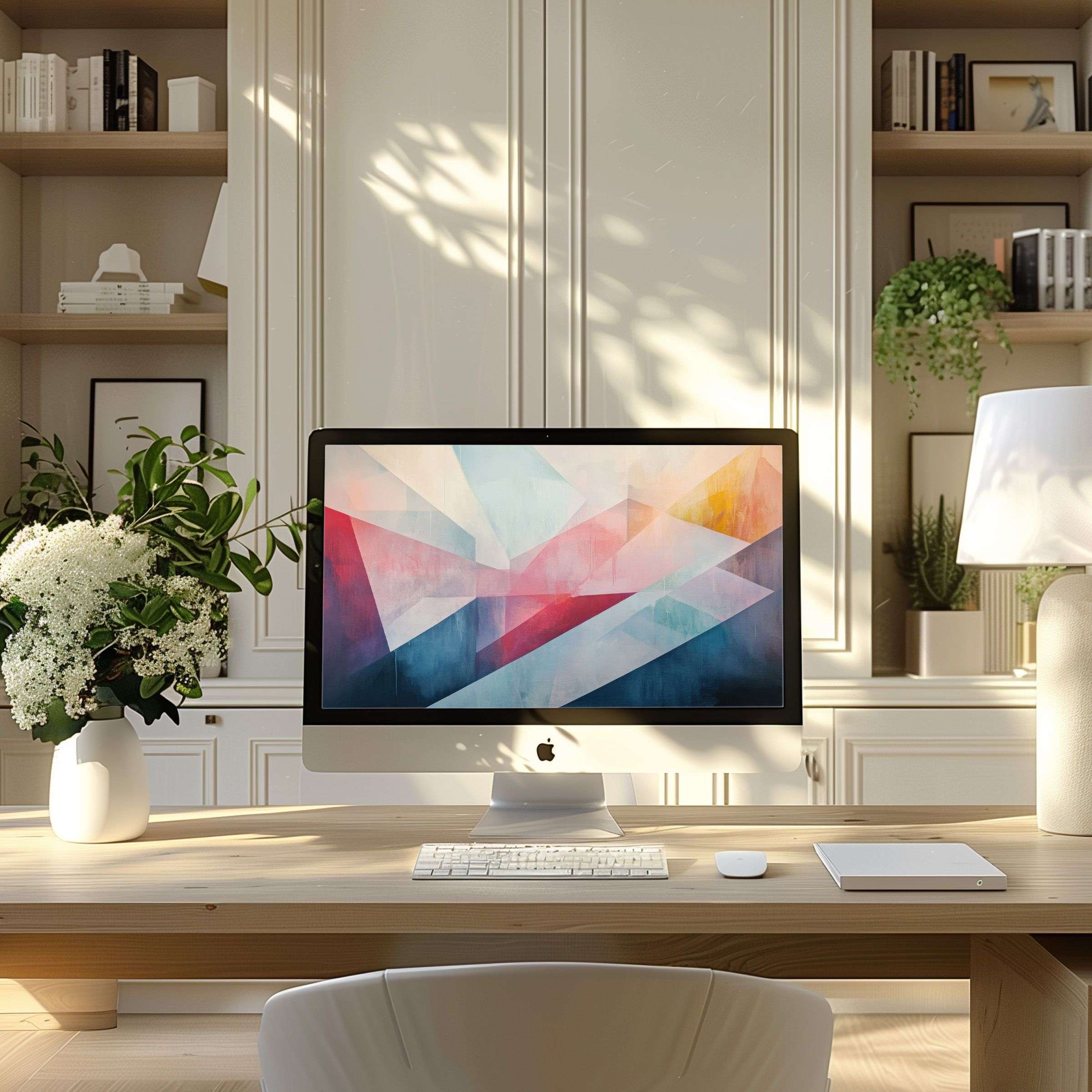 Elegant abstract art wallpaper for computer, PC, and laptop inspiring calm in a modern home office with soothing pastel colors