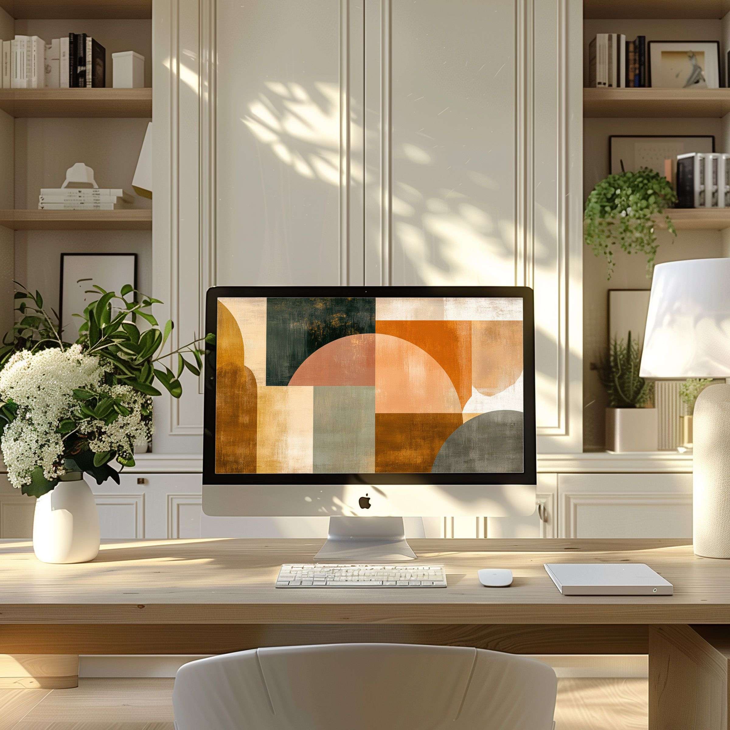 Geometric abstract wallpaper for computer in warm tones inspires calm in a modern home office setting for PC and laptop users