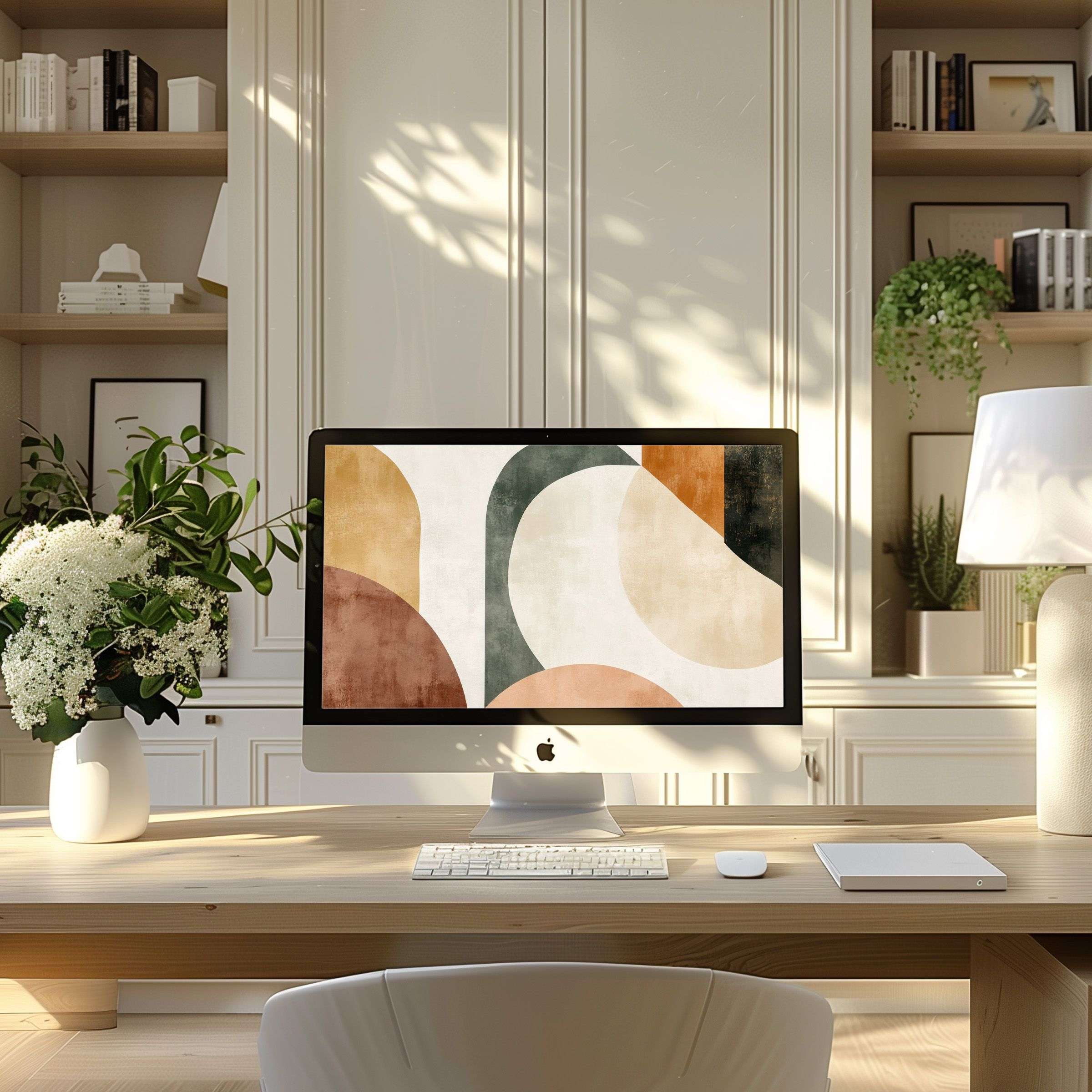 Elegant abstract wallpaper for computer with soothing earth tones, ideal for PC and Laptop in a modern, serene office setting