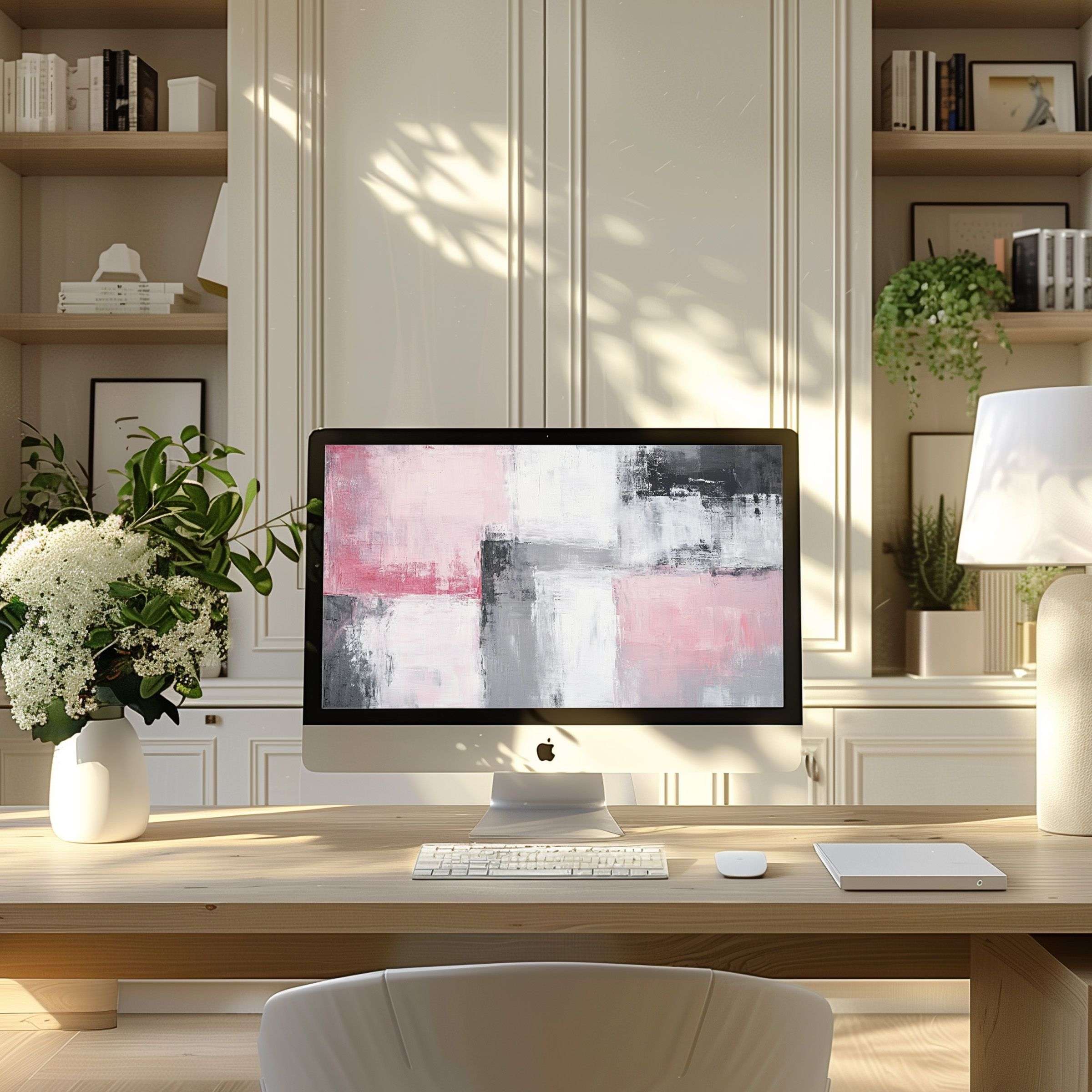 Elegant abstract art in soft pinks and grays enhances a modern home office, perfect as stylish wallpaper for computer PC Laptop