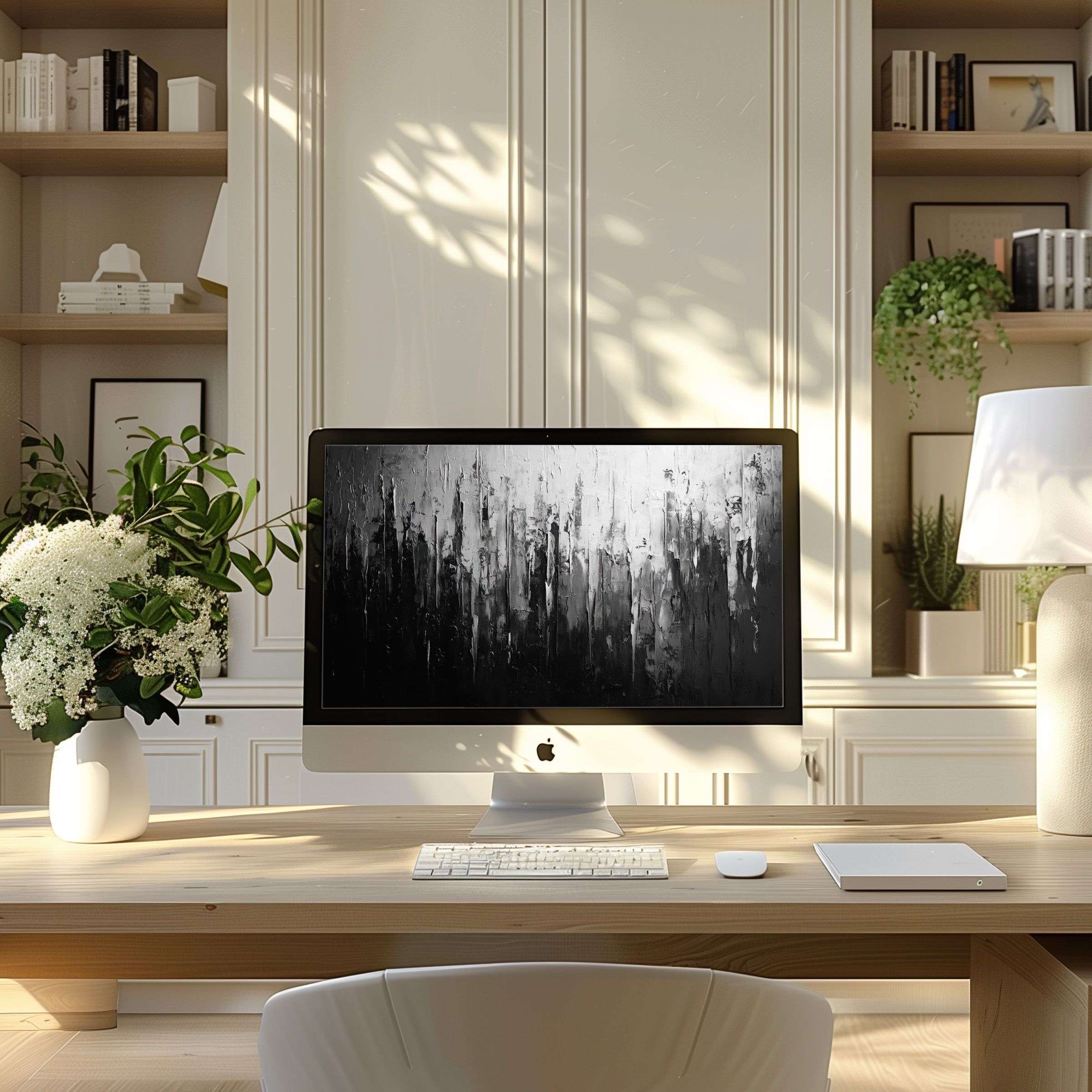 Captivating abstract art wallpaper for computer adds elegance to modern home office, inspiring calm for PC and laptop users
