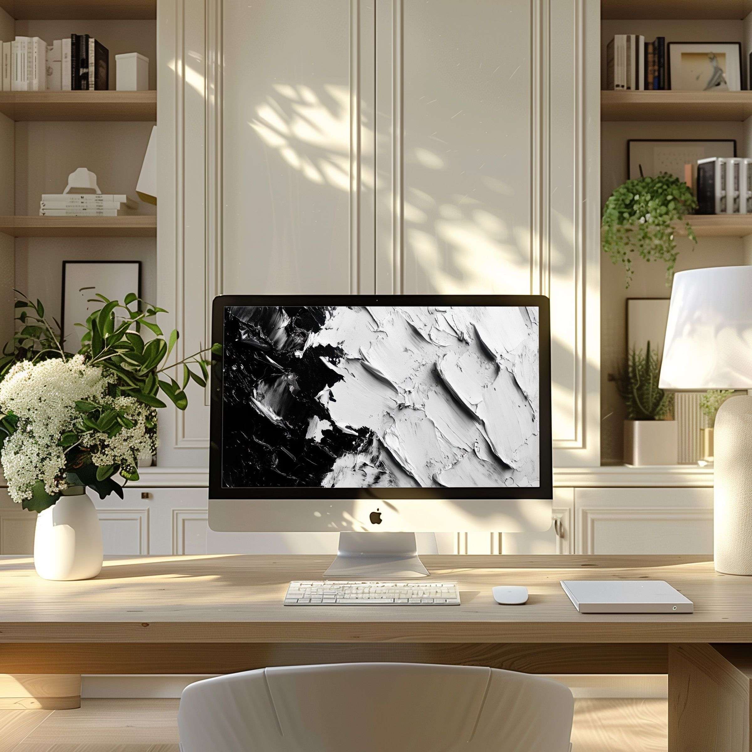 Elegant abstract black and white digital art wallpaper for computer in a serene modern home office setting fits PC and laptop
