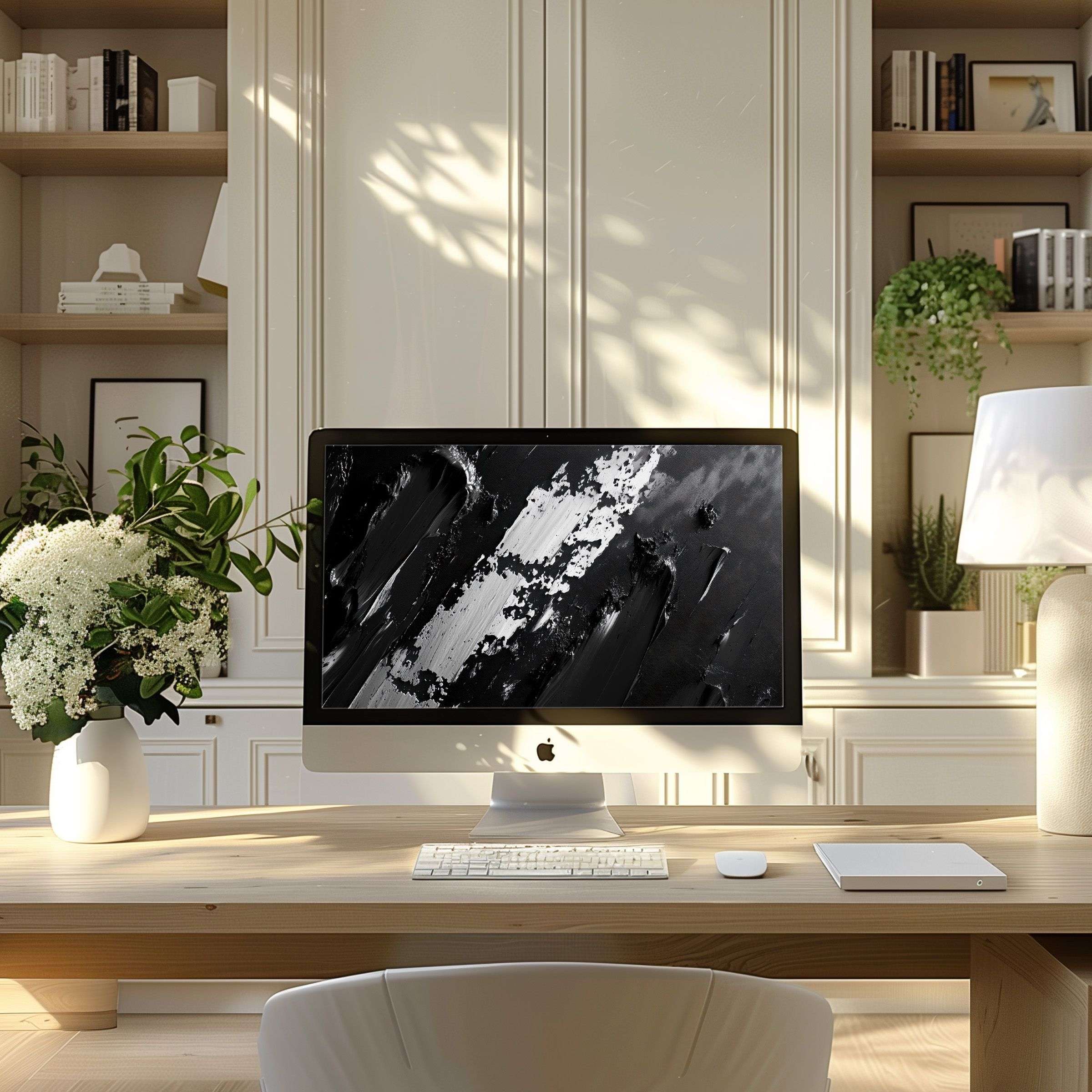 Elegant abstract black and white wallpaper for computer enhancing a modern home office, perfect for PC and laptop users seeking inspiration
