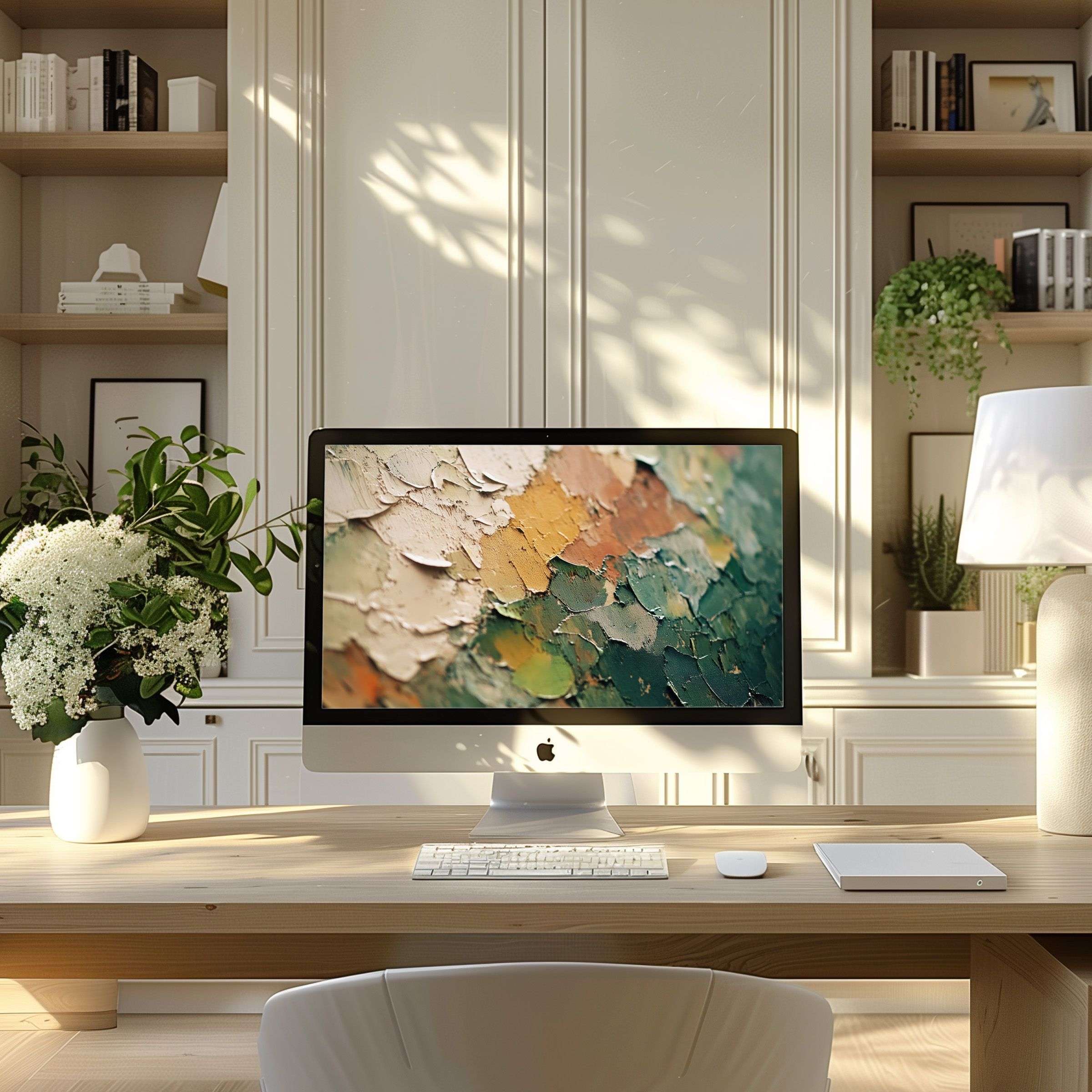 Elegant textured abstract in earthy tones as a wallpaper for computer in a serene modern home office setup for PC and laptop users