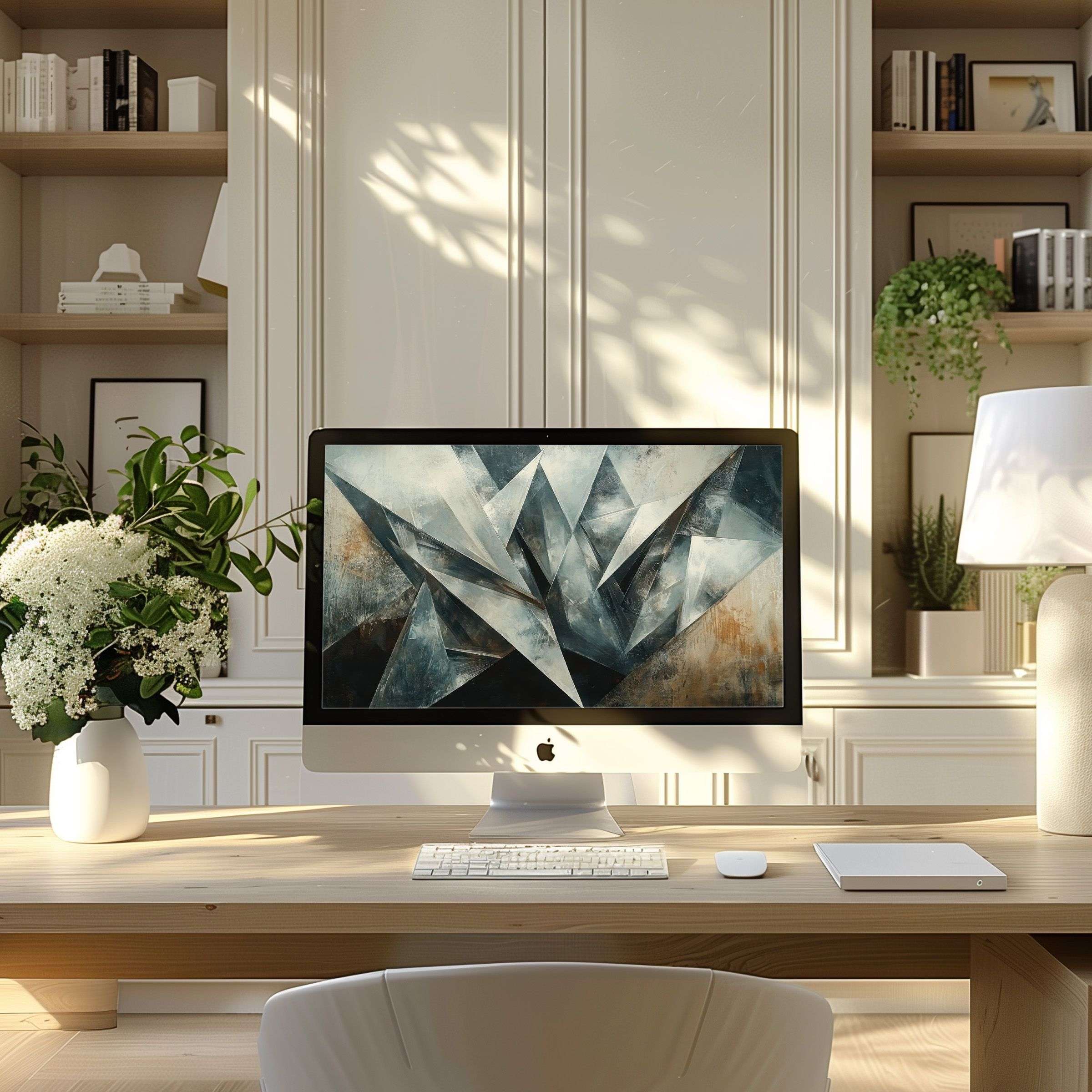 Elegant abstract geometric wallpaper for computer, PC, and laptop enhances a modern home office with inspiration and calm ambiance