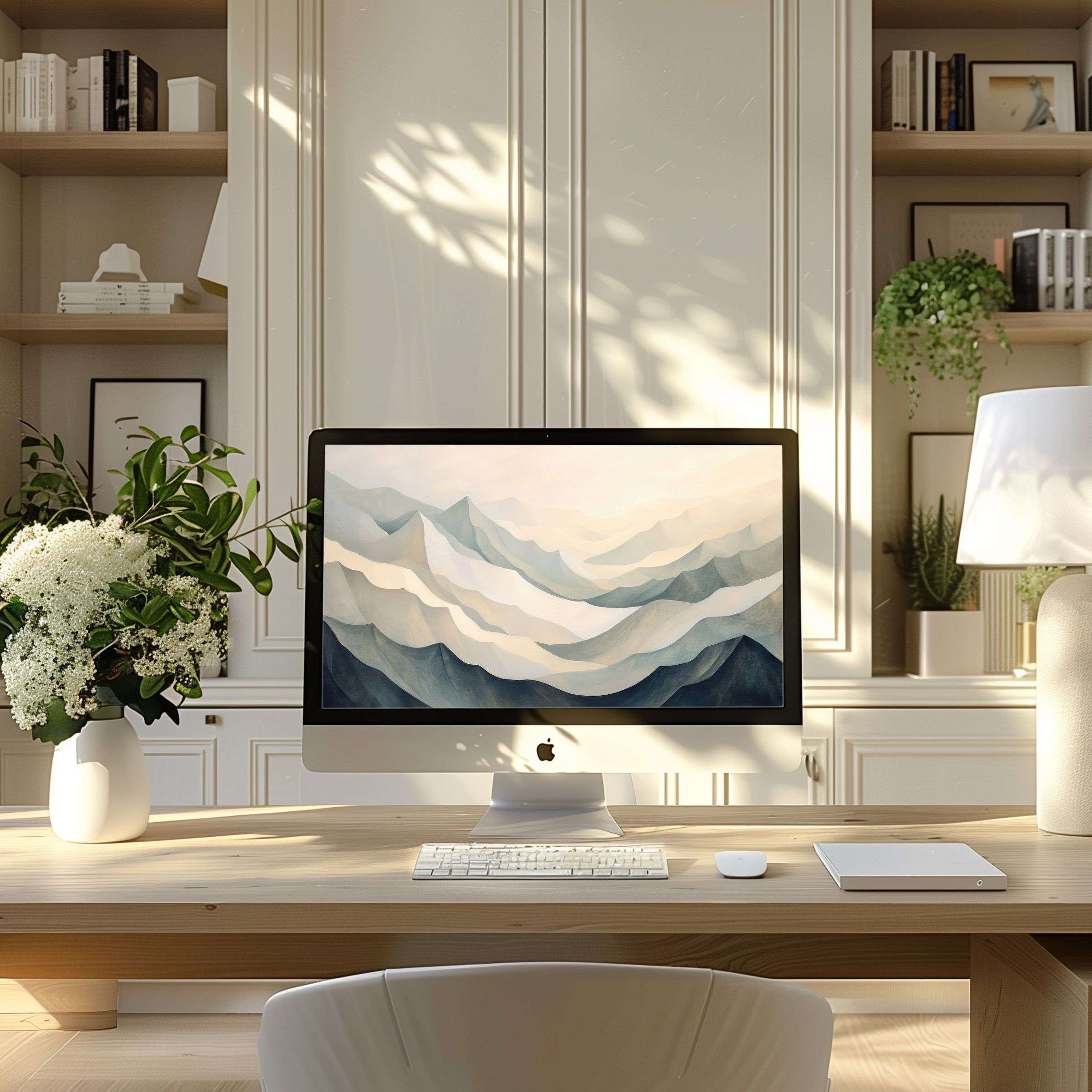 Elegant mountain-themed wallpaper for computer enhances modern home office ambiance, inspiring calm on PC, laptop, or ultrawide