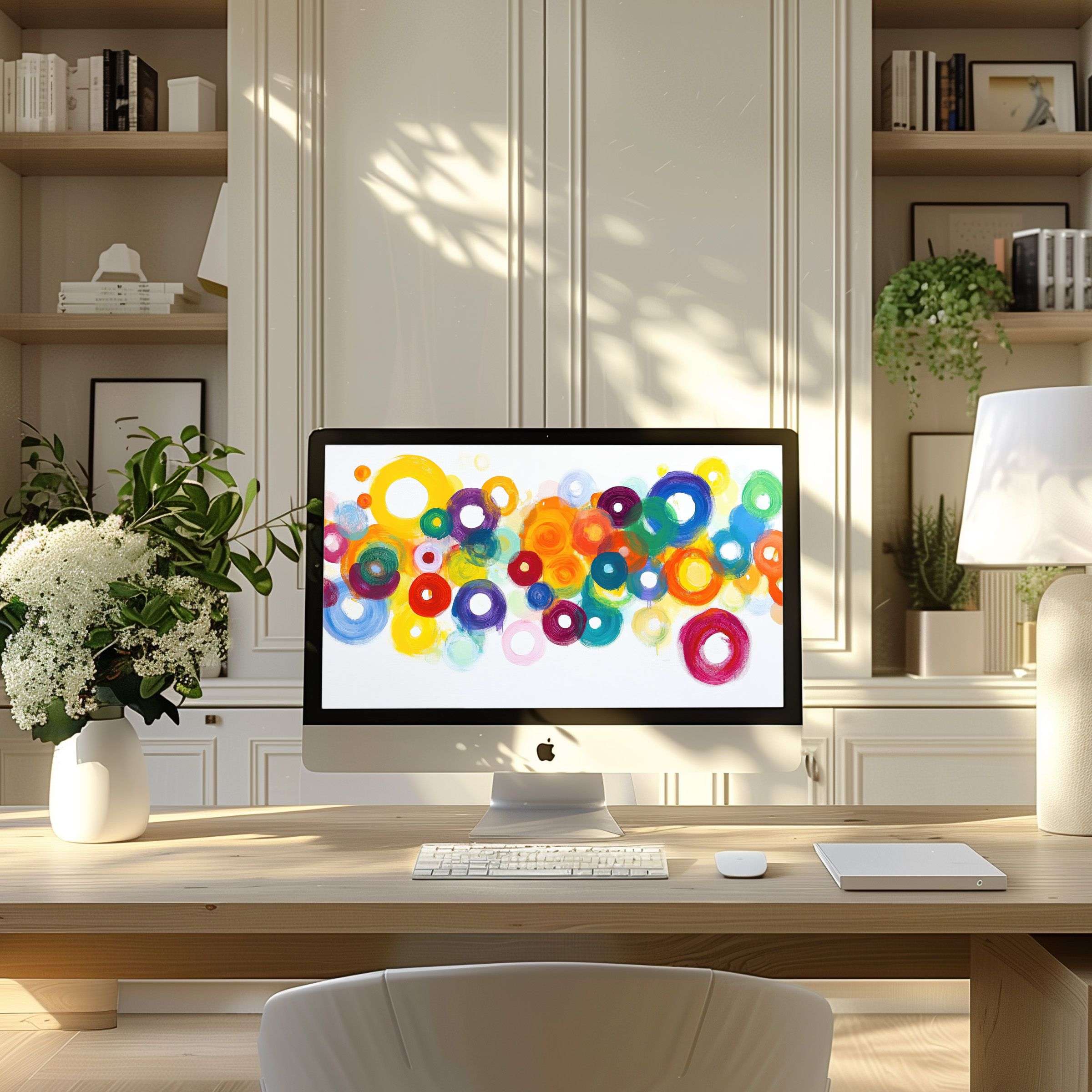 Vibrant abstract circles offer calming inspiration as wallpaper for computer, PC, and laptop in a serene home office setting