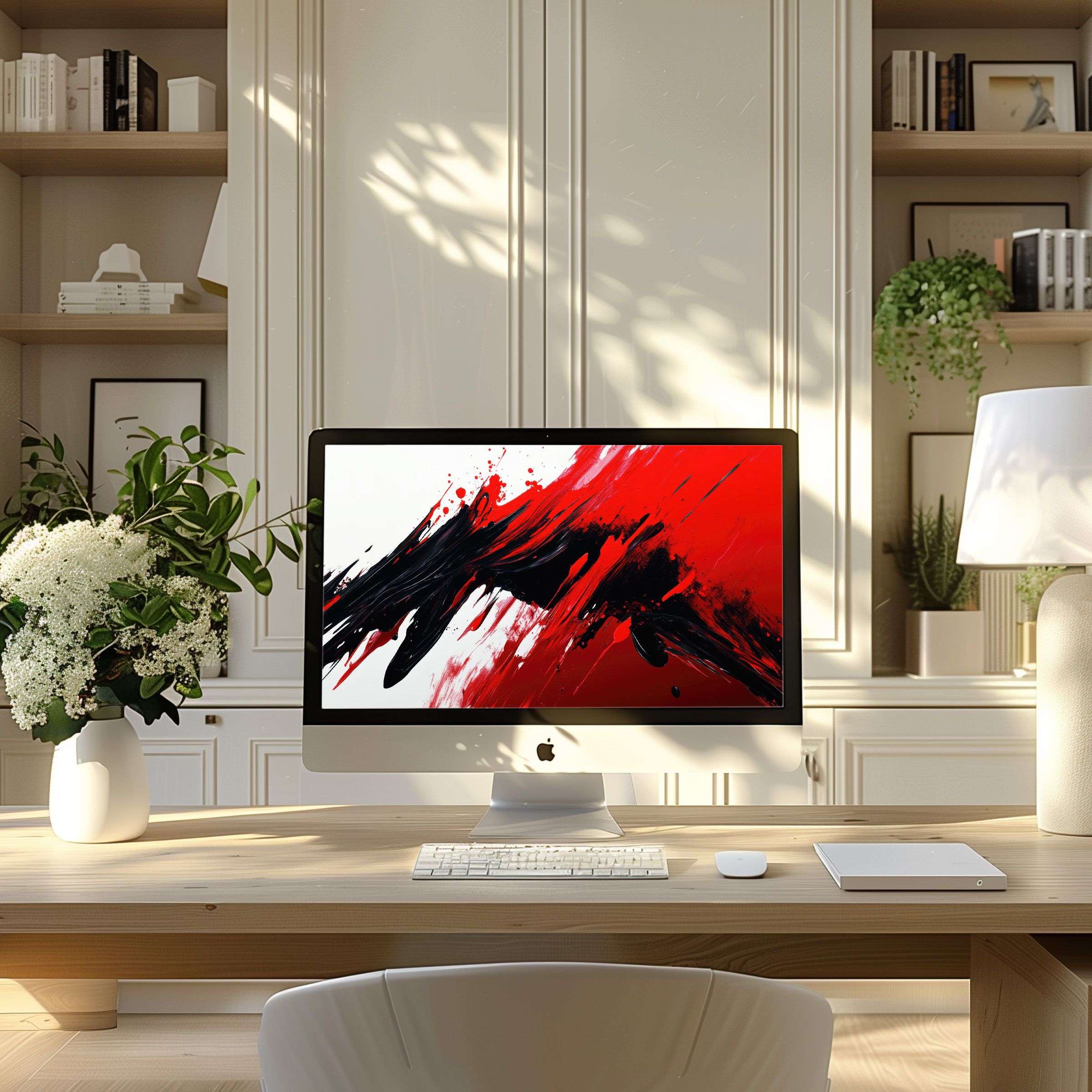 Elegant red and black splash digital art wallpaper for computer on PC or laptop brings calm and inspiration to modern home offices