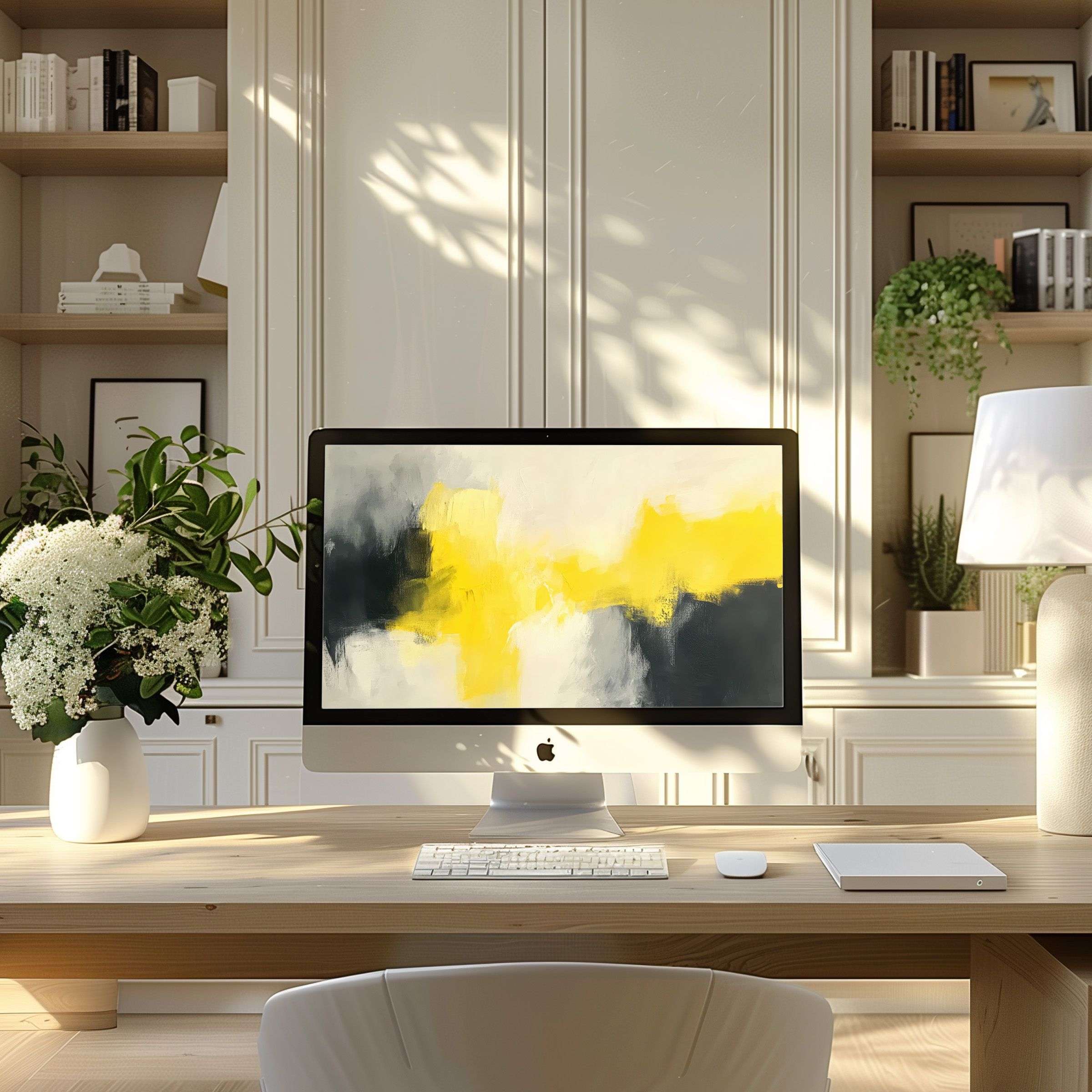 Elegant abstract wallpaper for computer with soothing yellow and grey tones, perfect for PC or laptop in a modern home office
