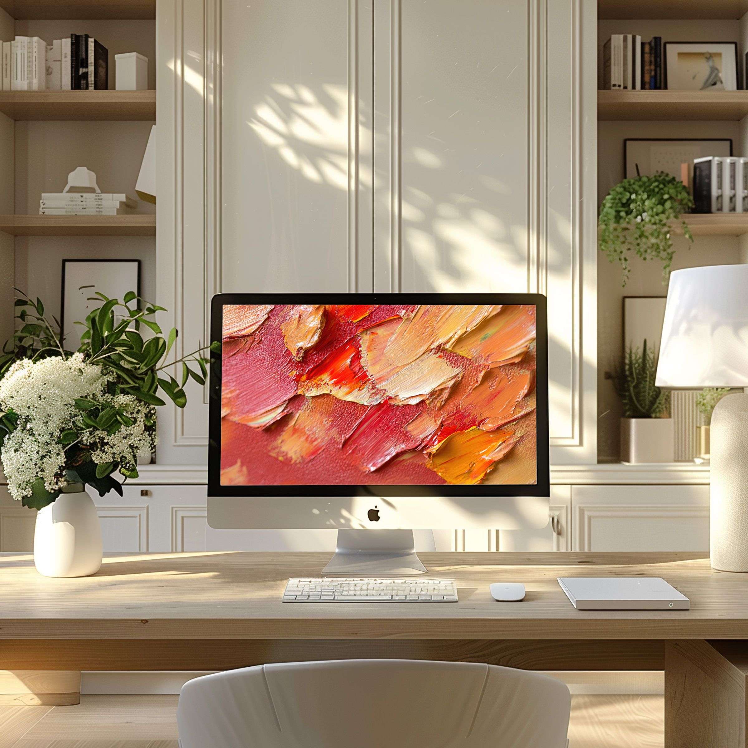 Bright abstract art with red and orange tones as wallpaper for computer in a modern home office inspiring calm elegance on PC and Laptop