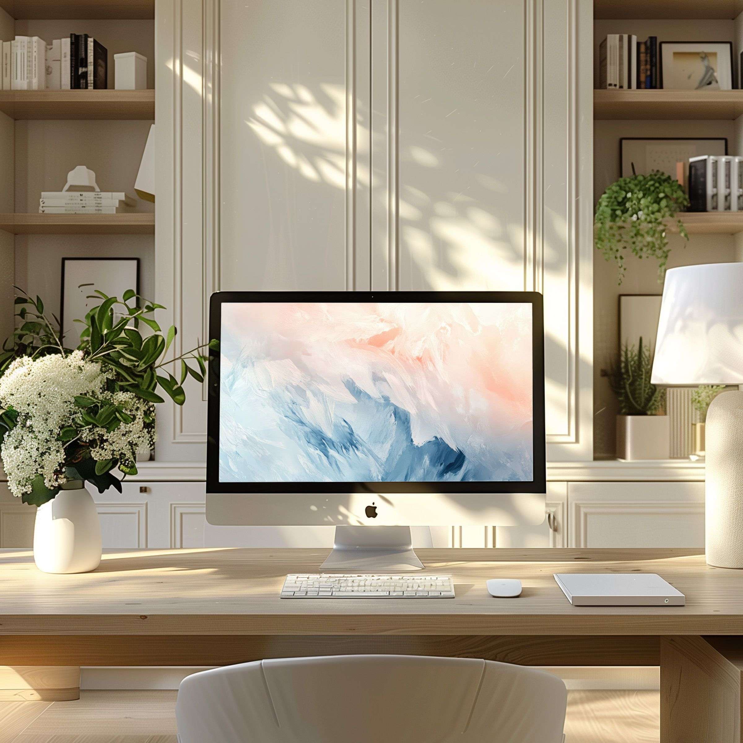 Elegant abstract pastel art as wallpaper for computer in a serene modern home office fits PC, laptop, ultrawide download