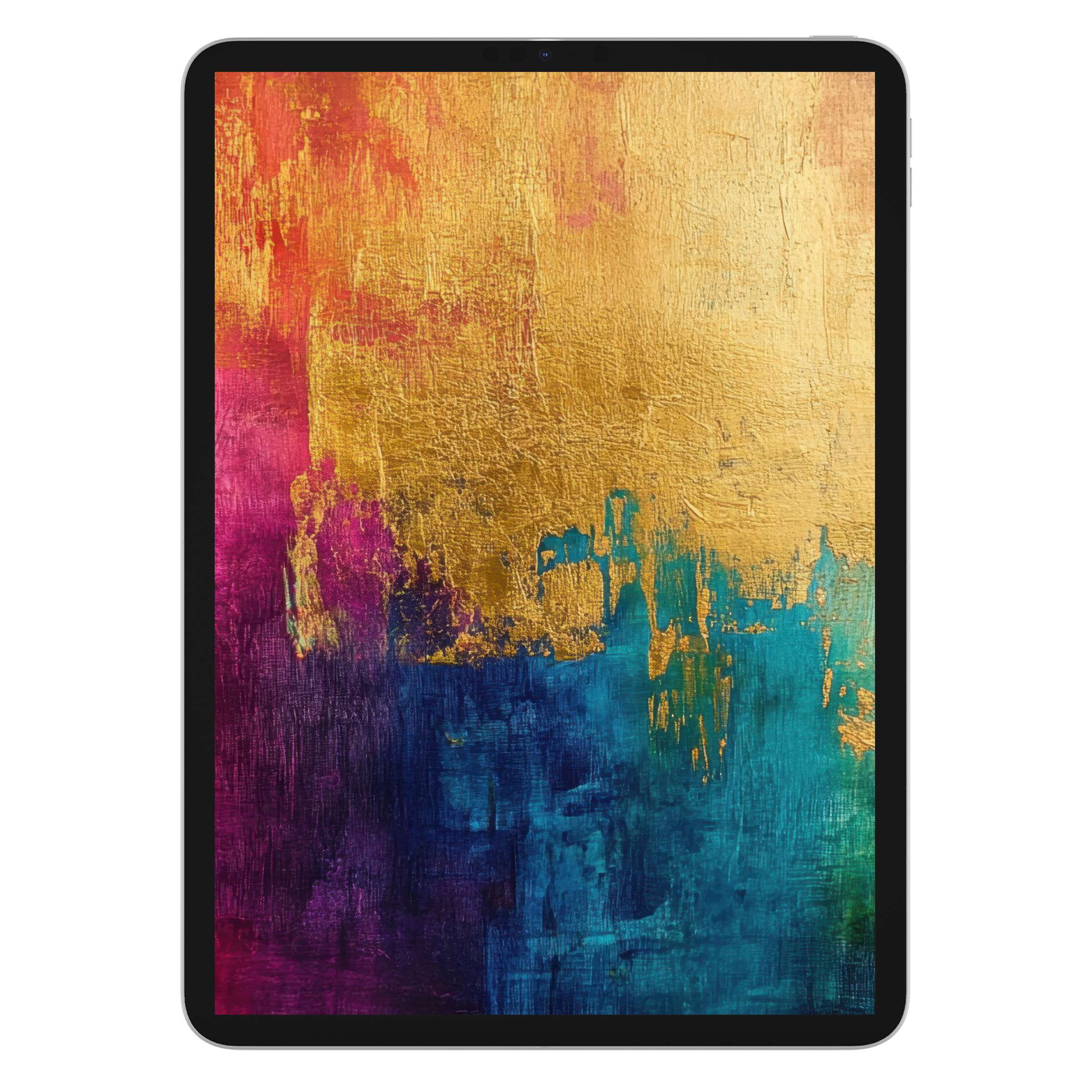 Elegant abstract iPad wallpaper showcasing rich gold, teal, and magenta textures for a serene digital download tablet background