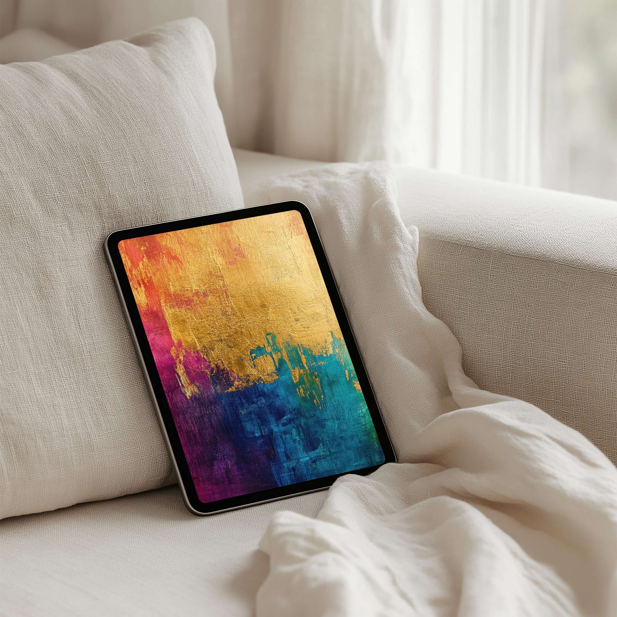Elegant abstract tablet art with vivid gold, blue, and magenta hues for iPad background instant download inspiring calm and mindfulness