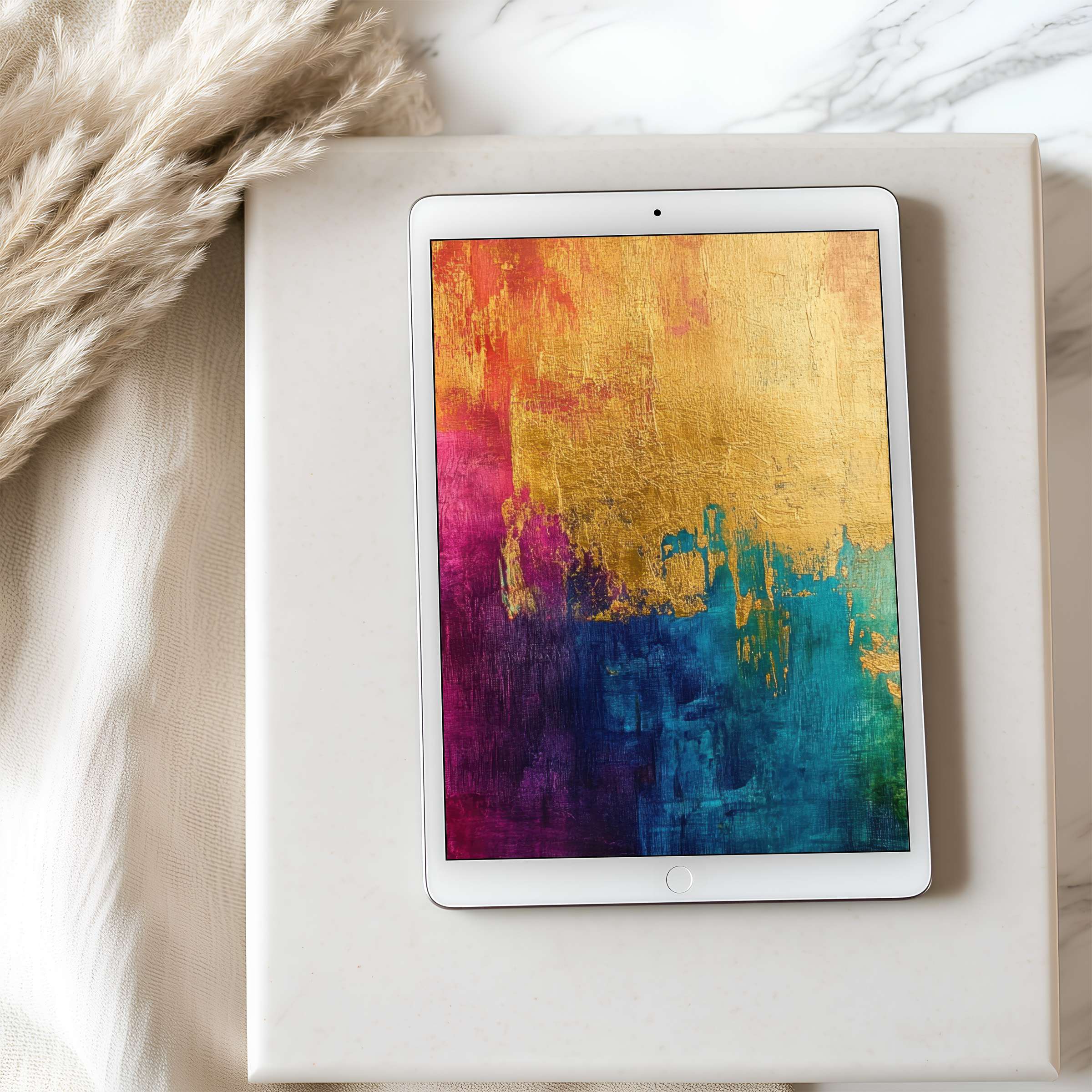 Elegant abstract tablet wallpaper in gold, pink, and blue hues offering a high-resolution digital download for iPad and Android tablets