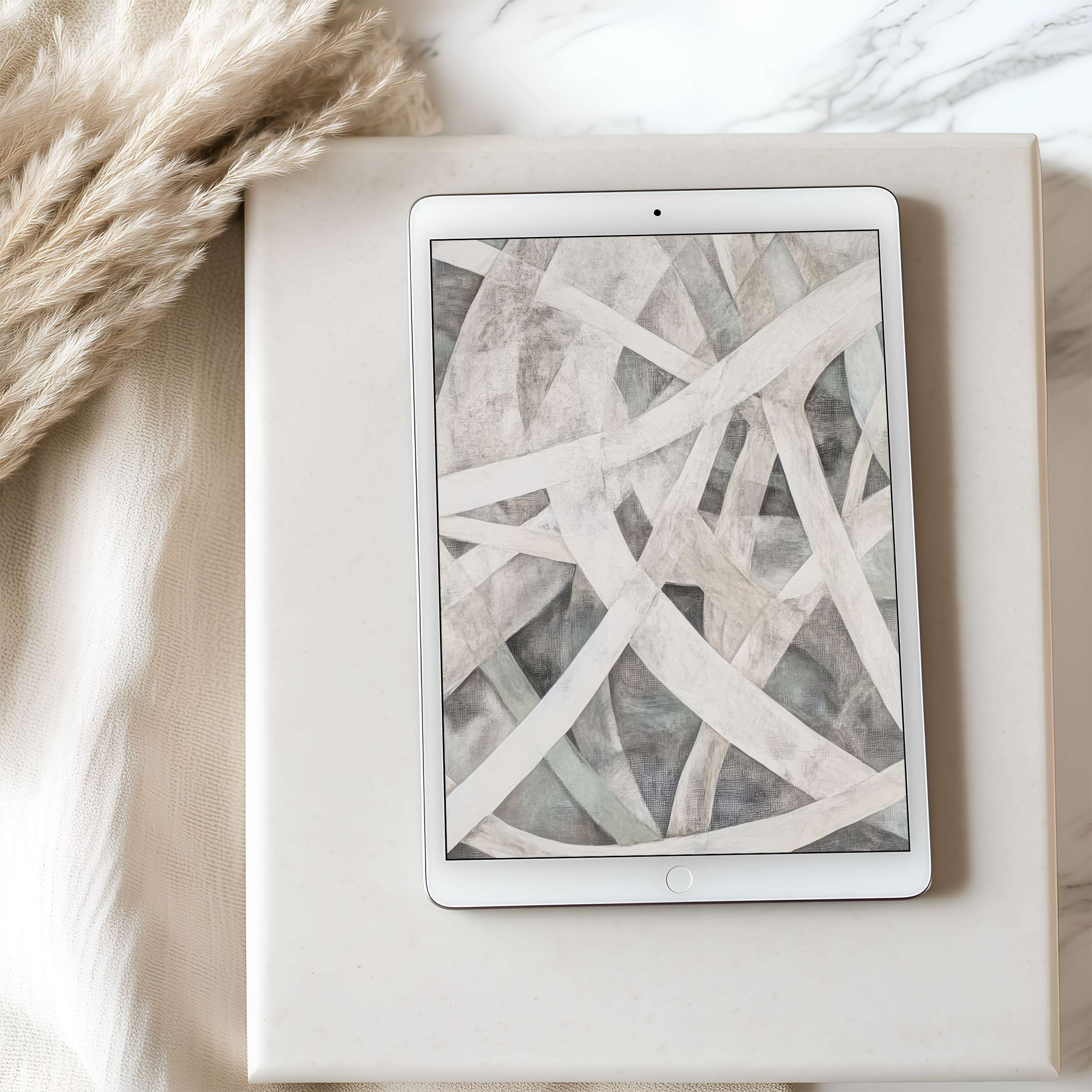 Elegant abstract lines in soft neutrals grace this high-resolution tablet wallpaper on an iPad, ideal for serene digital downloads