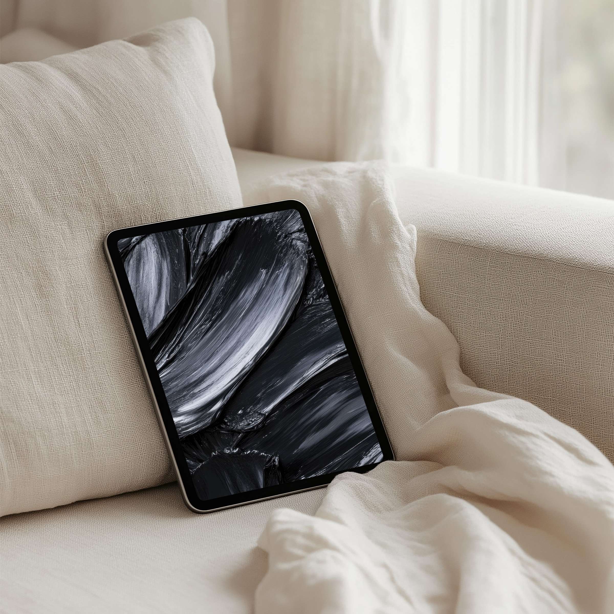 Elegant abstract brushstroke design for iPad background blending black and white creating calm, available for instant download on tablet