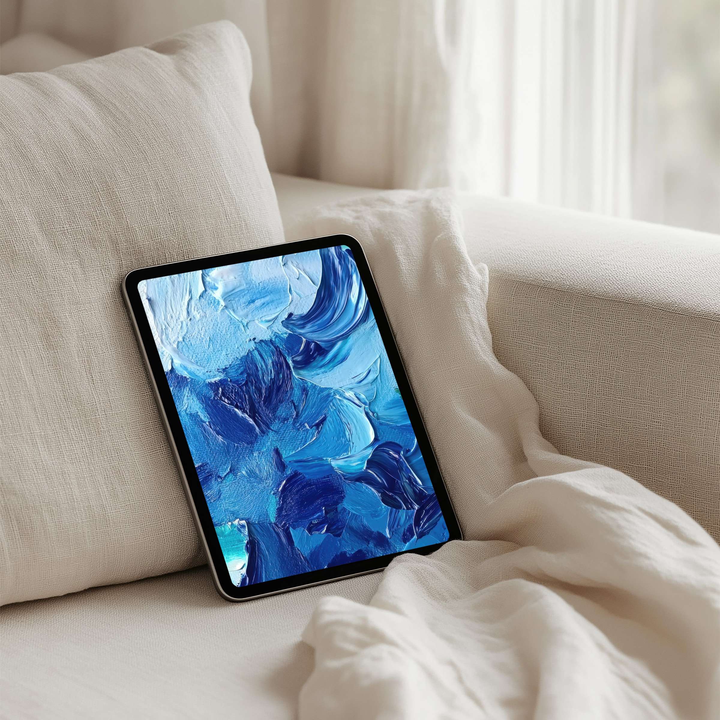 Elegant abstract blue brushstrokes iPad background for instant download brings calm inspiration to any tablet setting