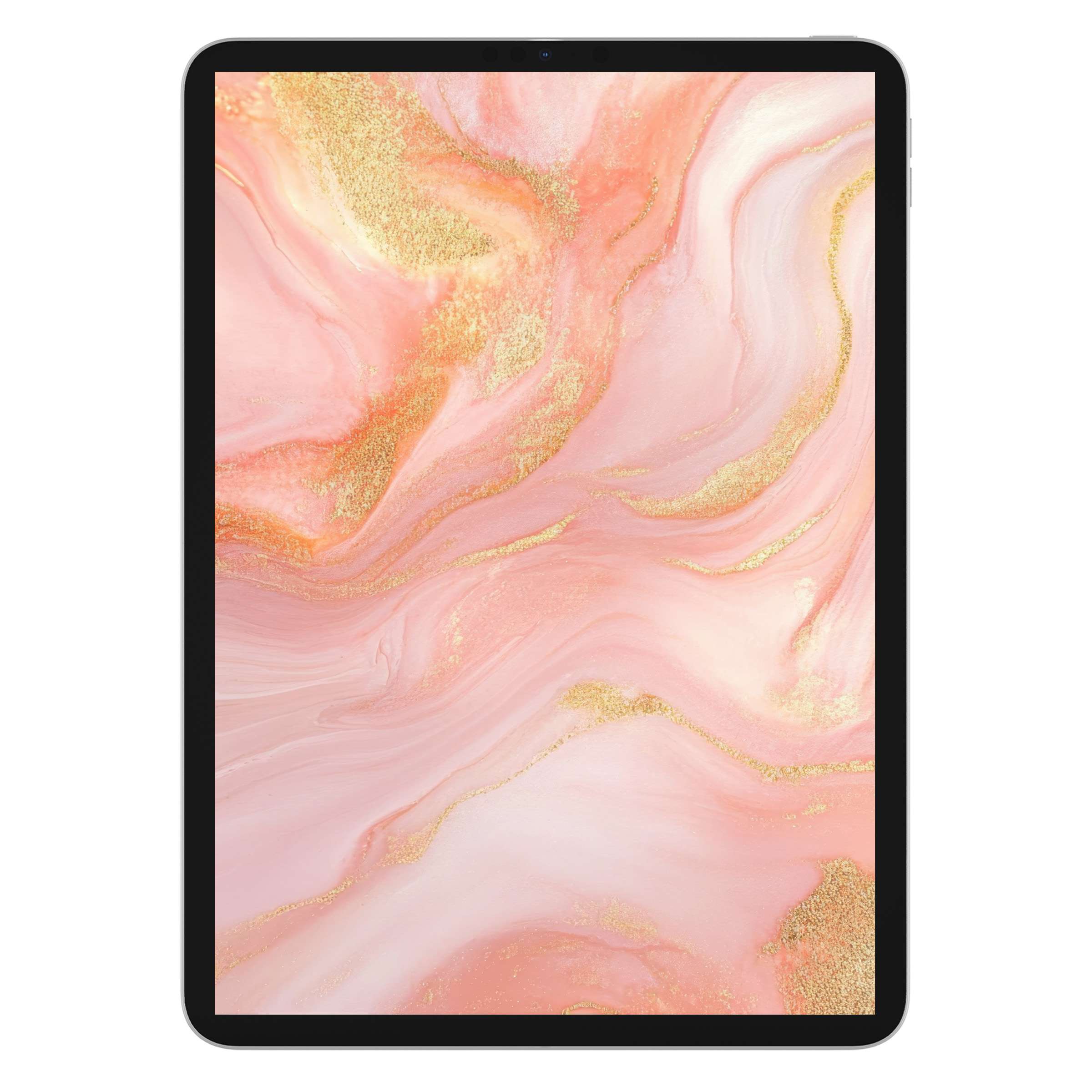 Elegant abstract iPad wallpaper with soft pink and gold swirls, perfect digital download for calming tablet background aesthetics