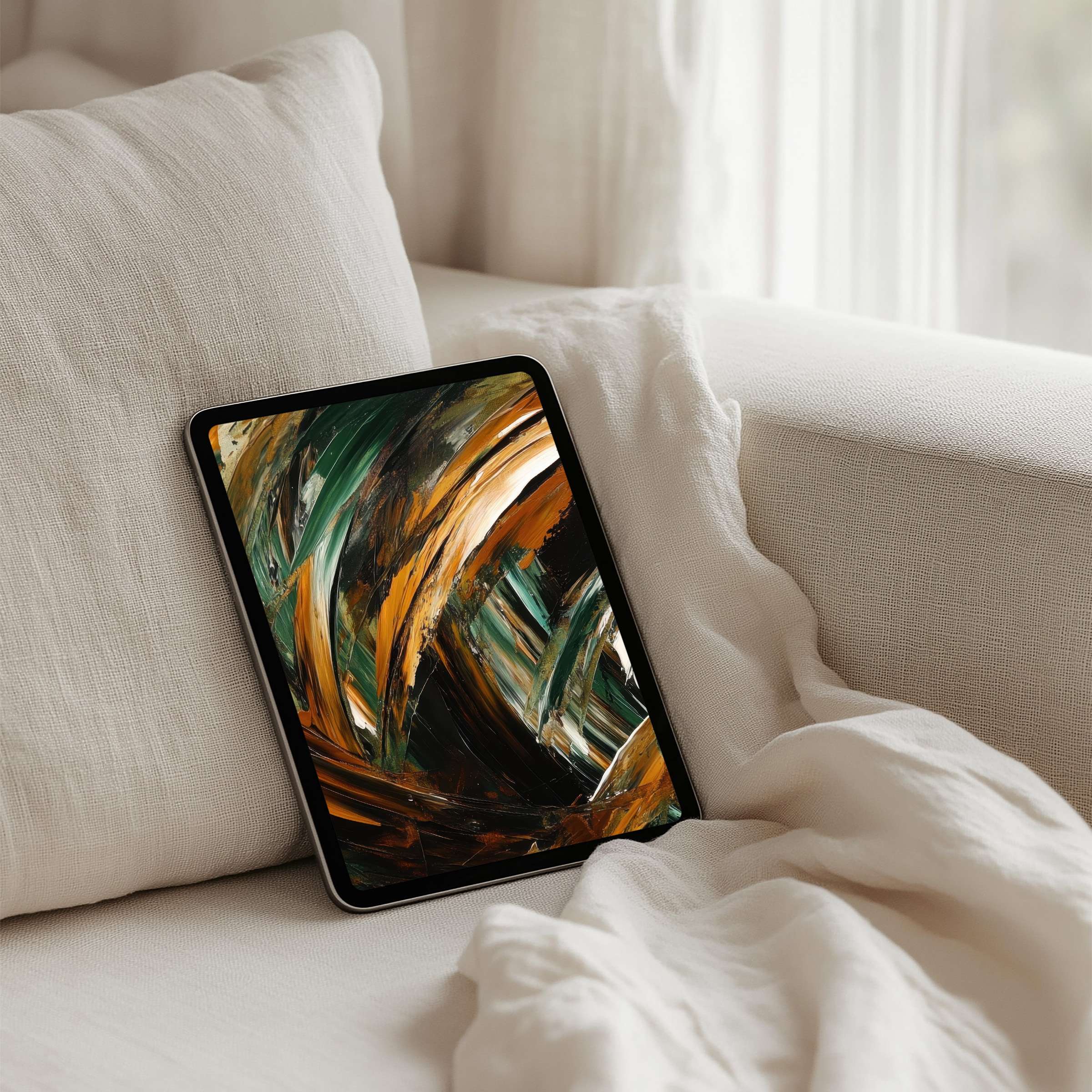 Elegant brushstroke iPad background in earthy tones offers instant download for seamless tablet inspiration and calm elegance