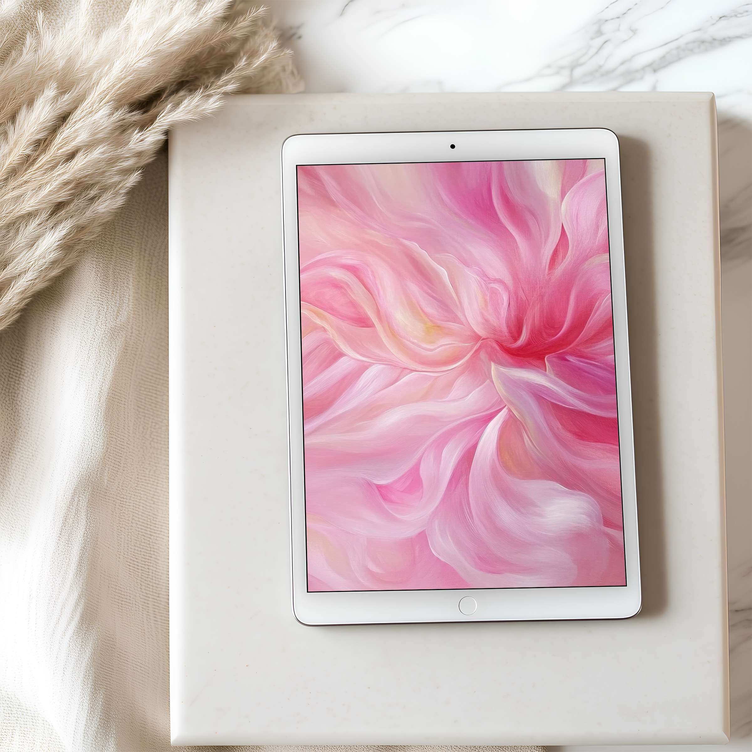 Elegant pink floral tablet wallpaper brings tranquility to high resolution iPad and Android screens, perfect for digital download