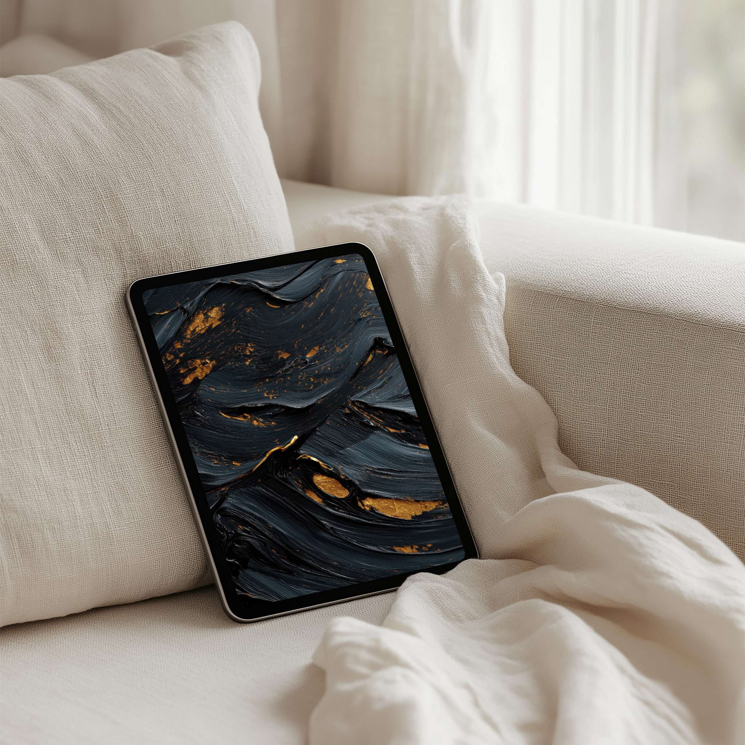 Elegant abstract iPad background with gold accents evokes calm and inspiration for your tablet instant download in serene setting
